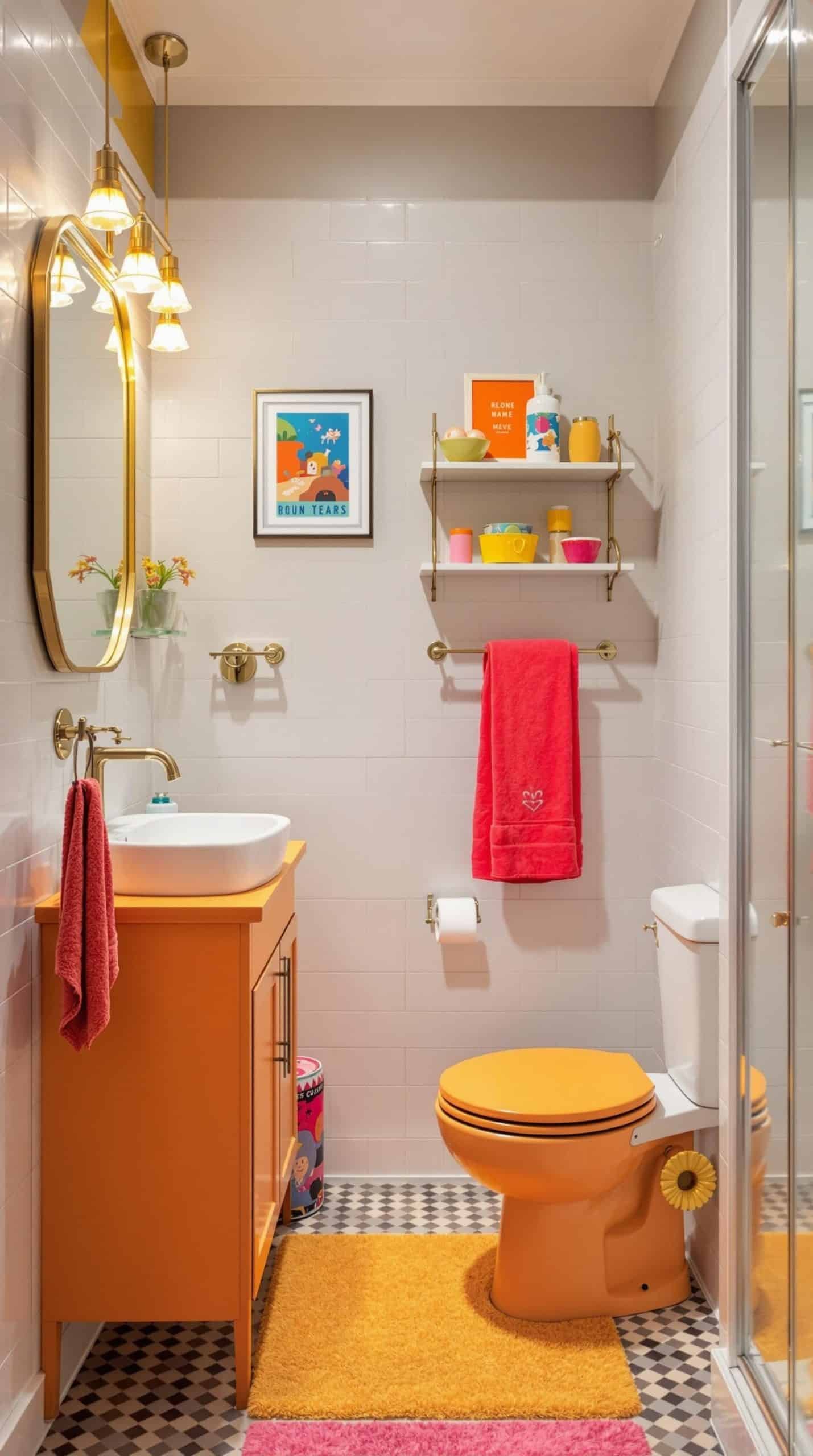 A bright and colorful small bathroom featuring orange accents.