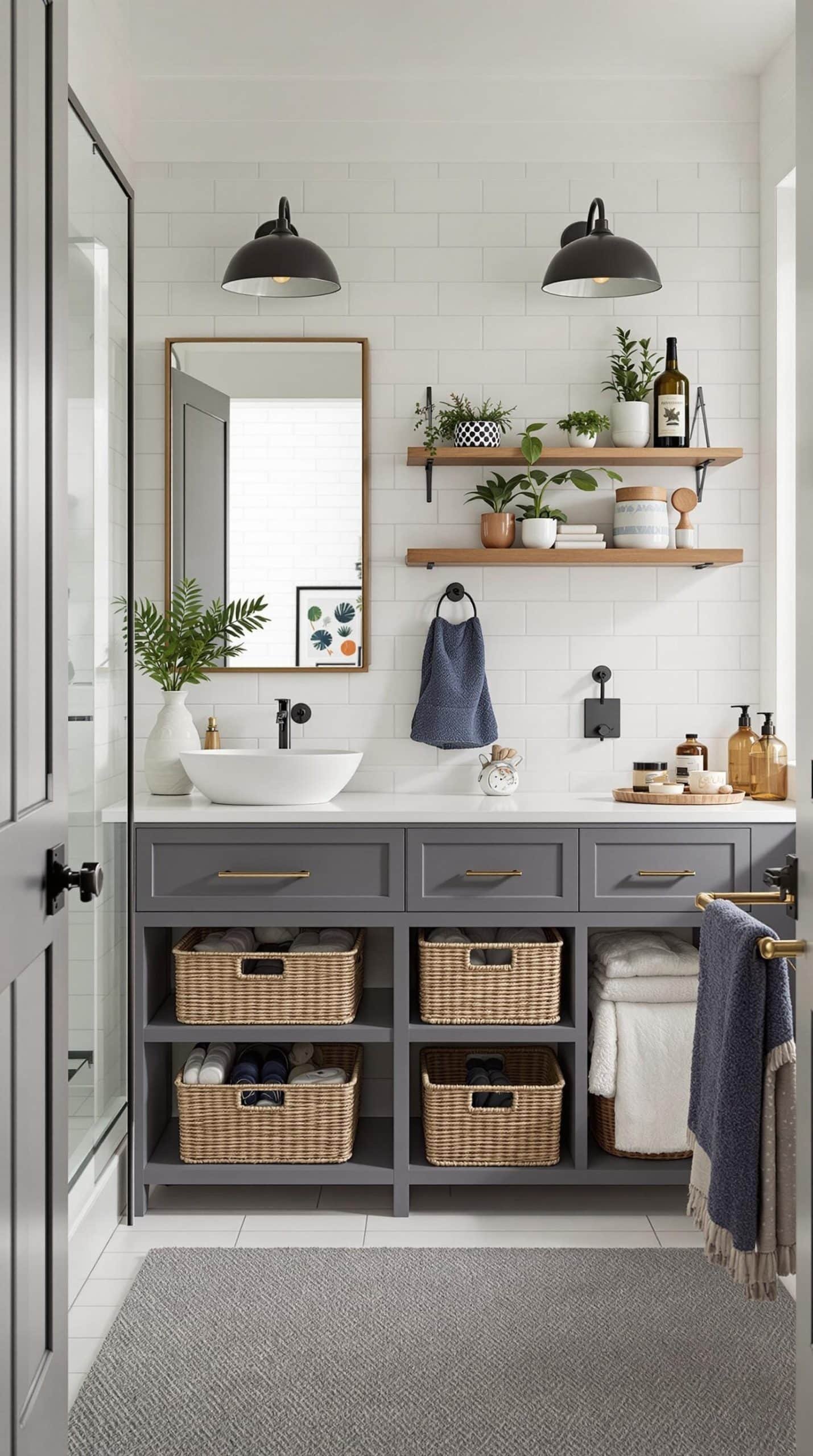 Stylish small bathroom featuring grey cabinetry, woven baskets, and decorative elements