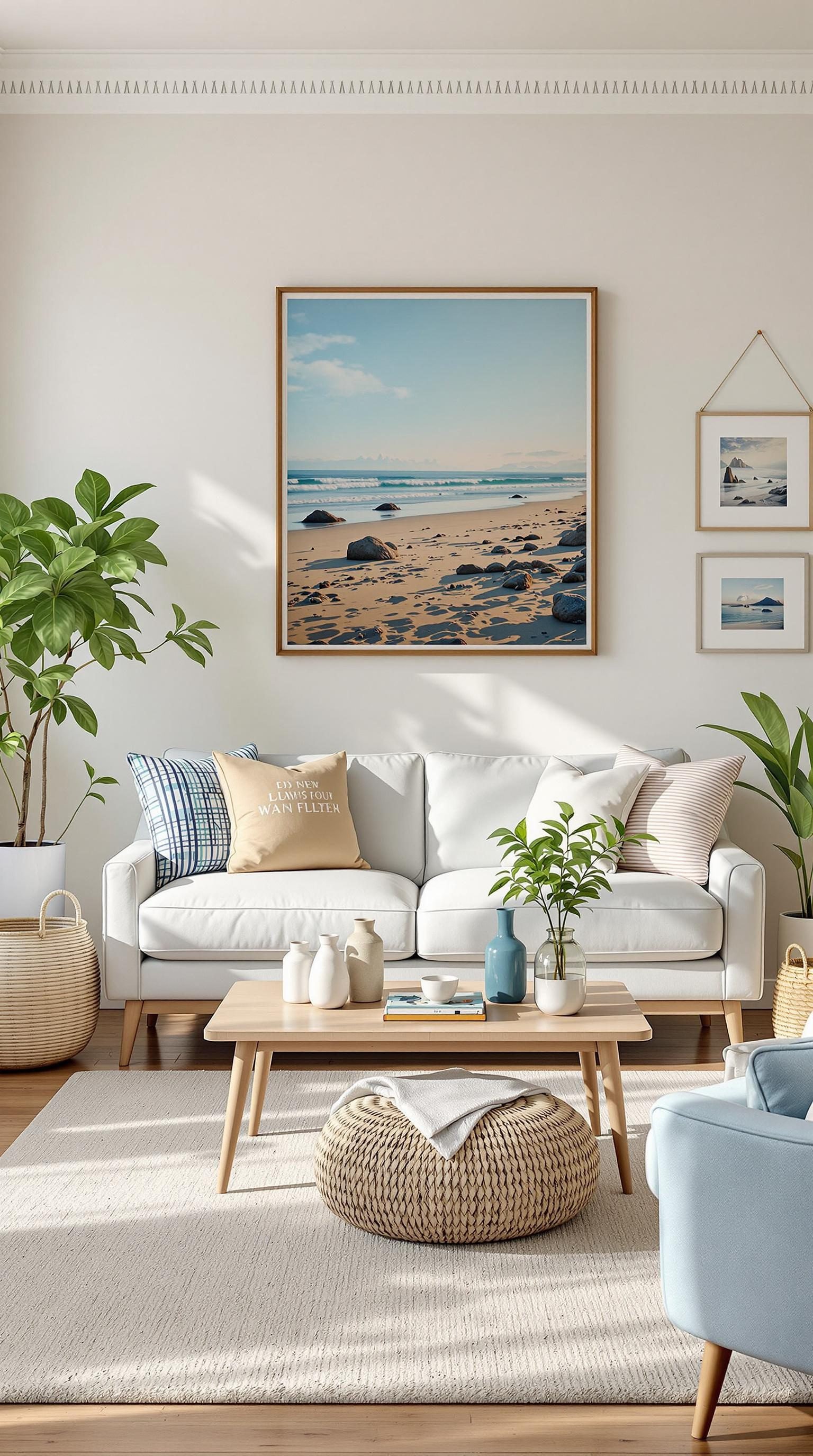 A cozy coastal living room featuring a white couch, beach-themed artwork, and plants.