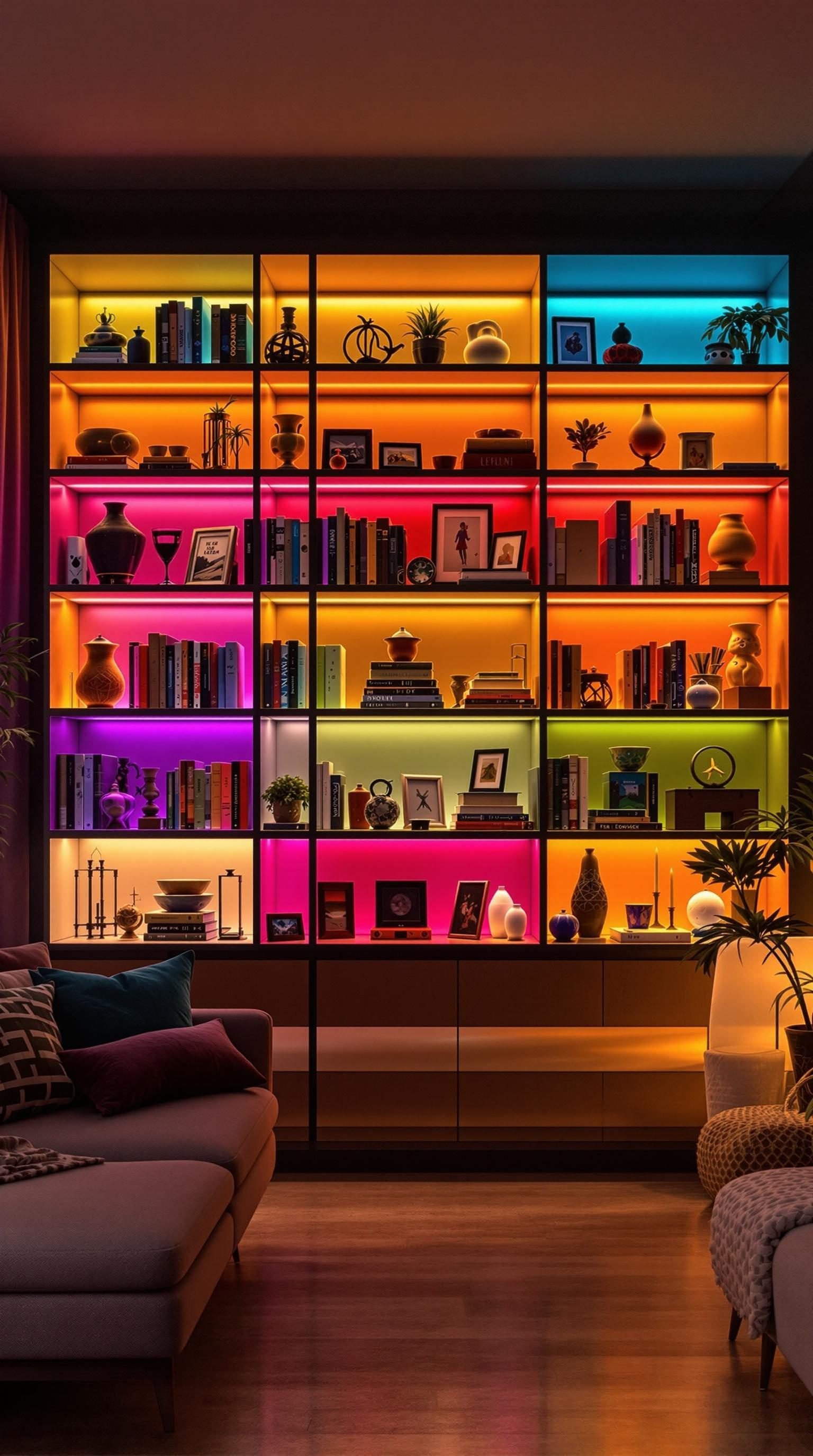 A cozy living room with colorful accent lights illuminating a bookshelf filled with books and decorative items.