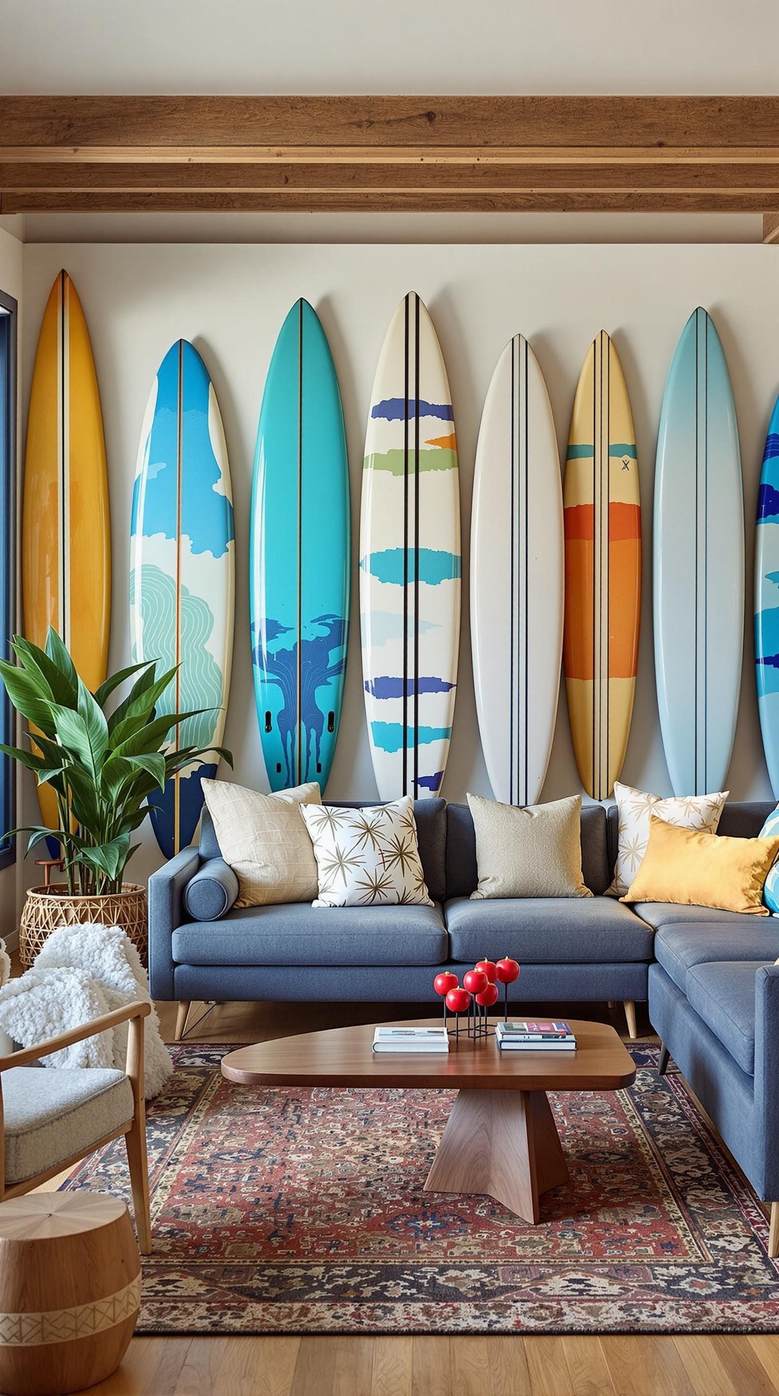 A coastal living room featuring colorful surfboards mounted on the wall, with a cozy sofa and decorative elements.