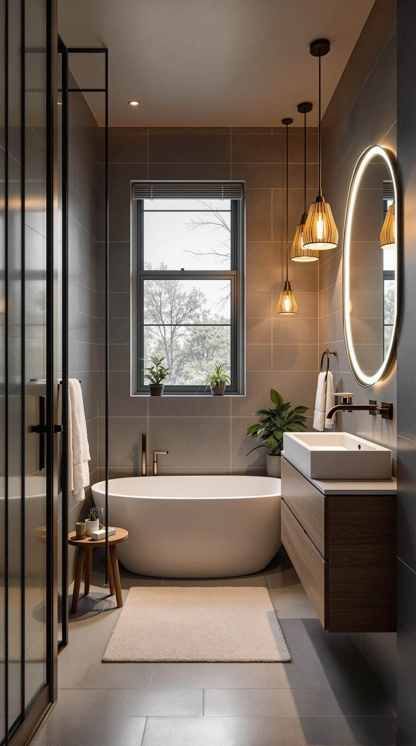 Stylish bathroom with creative lighting and modern design elements.