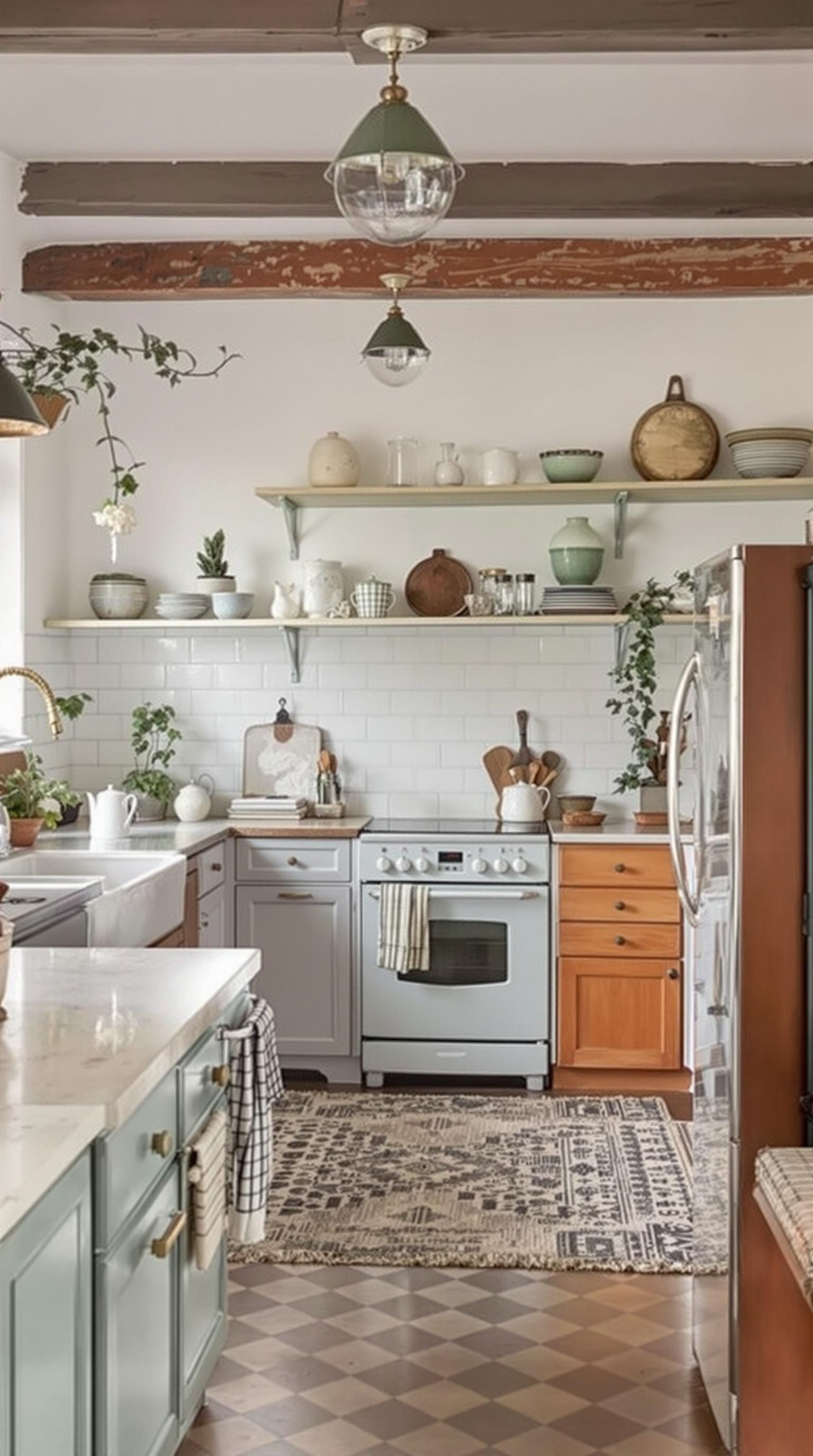 A cozy kitchen featuring vintage and modern elements, with open shelving and stylish fixtures.