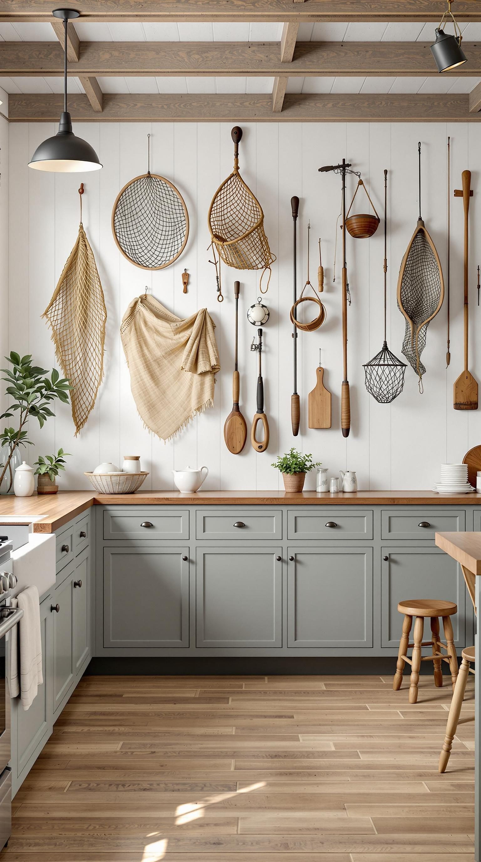 A kitchen with vintage fishing gear decor, including nets and wooden paddles on the wall.