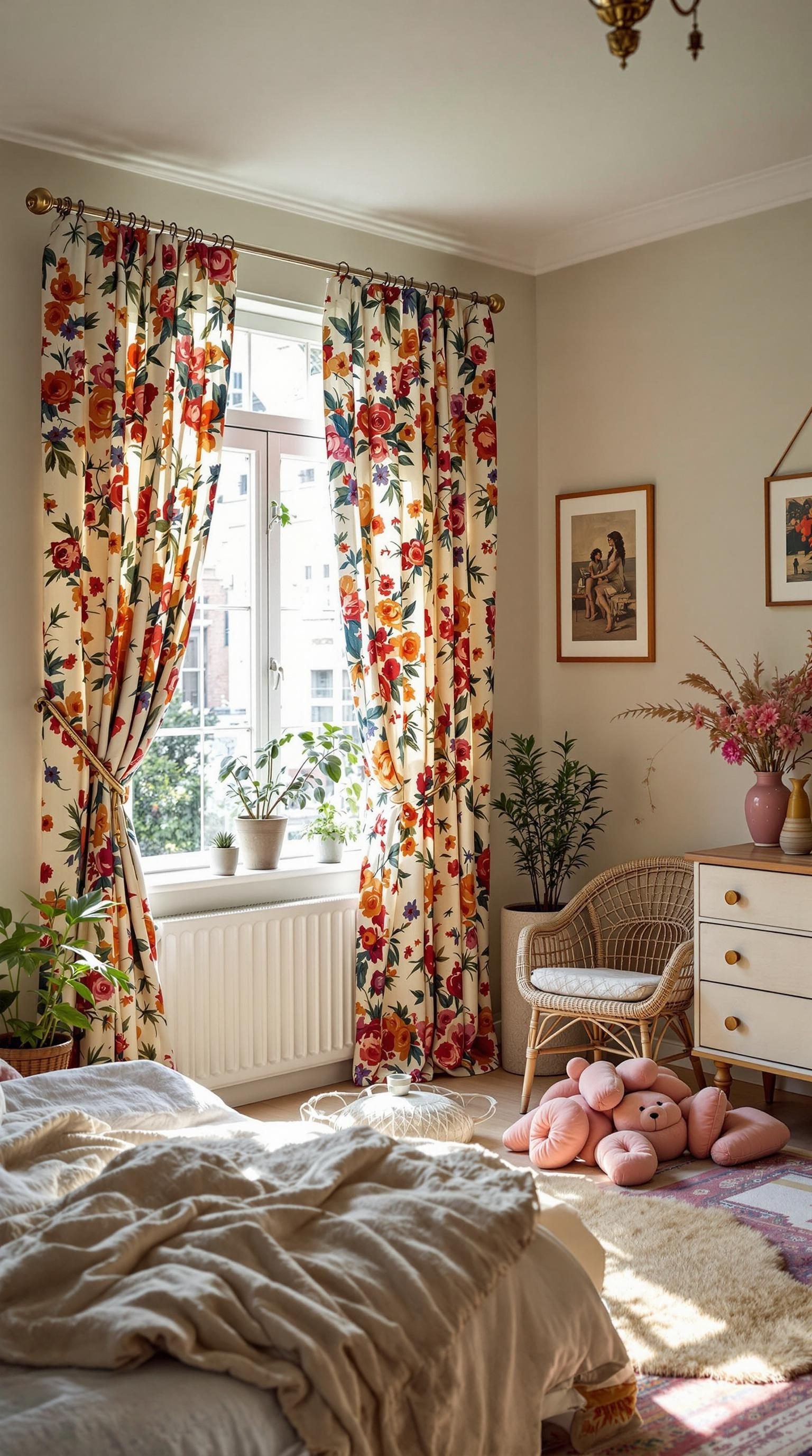 A cozy bedroom featuring vintage floral curtains, a rattan chair, and soft bedding