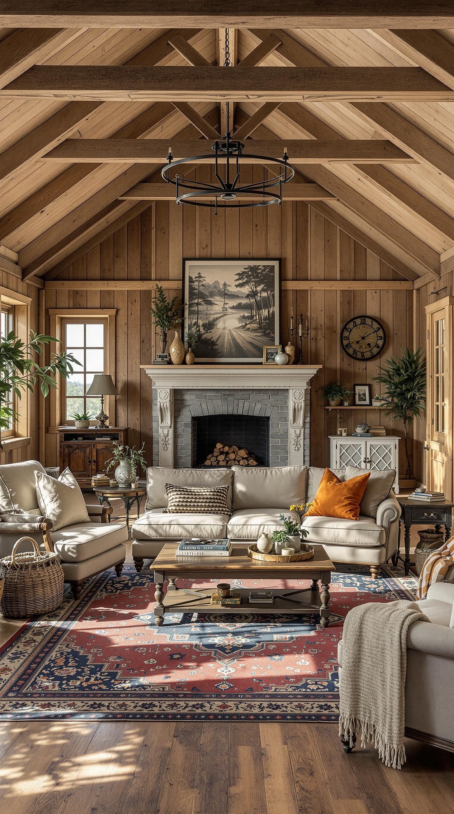 A cozy living room featuring vintage furniture, warm wood tones, and a rustic rug.