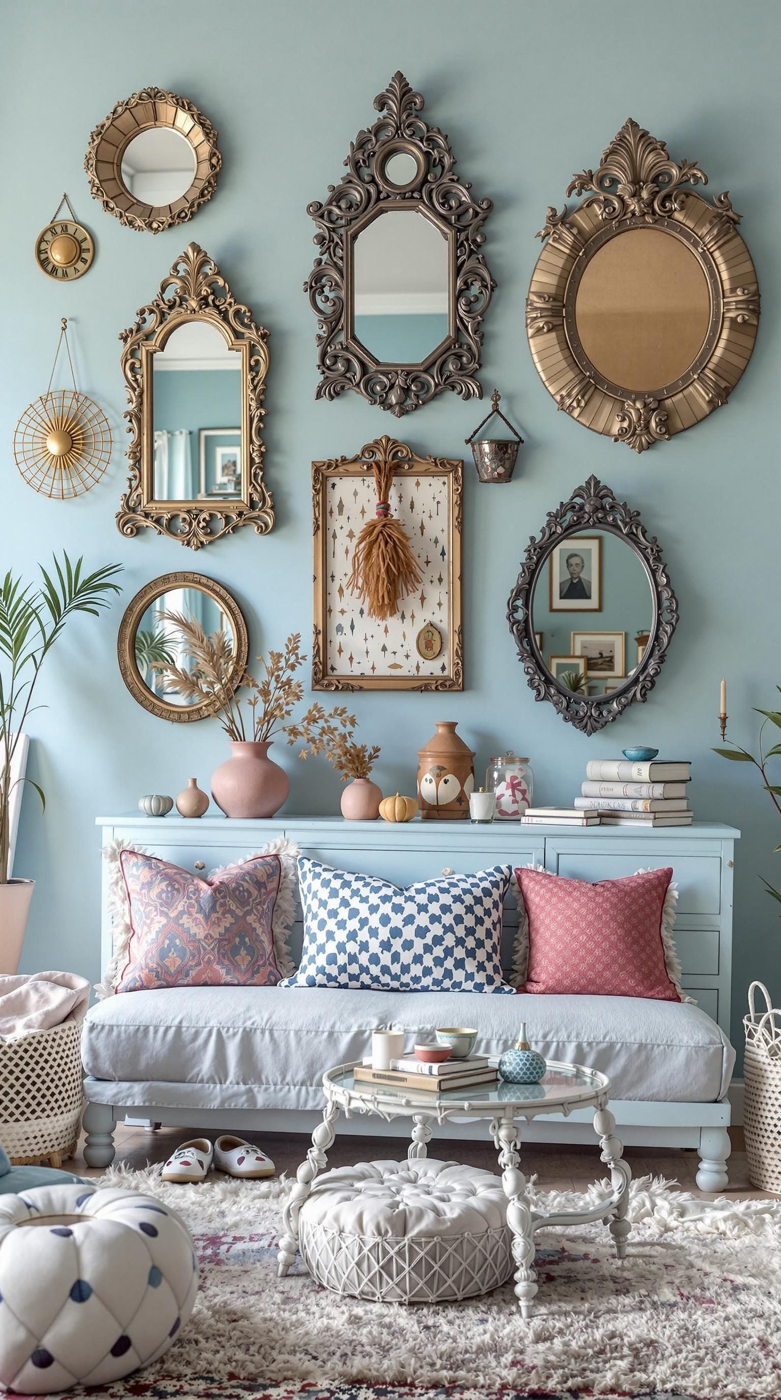 A collection of vintage mirrors on a light blue wall above a cozy sofa with decorative pillows.