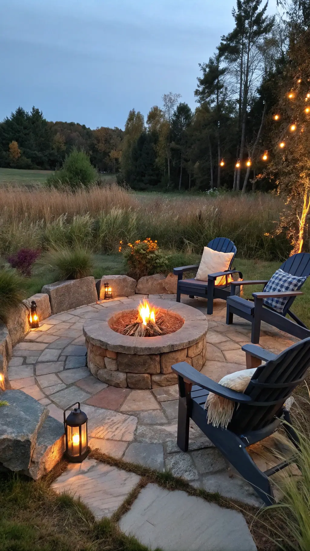 Twilight scene of a stone fire pit on a flagstone patio with golden flames, surrounded by navy Adirondack chairs, warm copper lanterns, cream and rust-toned pillows, wool throw blankets and bordered by native grasses and lavender.