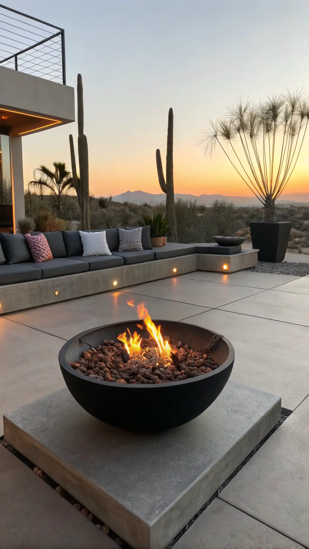 Modern fire pit on a concrete pad at sunset, surrounded by minimalist teak L-shaped sofa with charcoal cushions, glass wind guards reflecting light, LED lighting underneath seating, and sculptural desert plants in large planters.