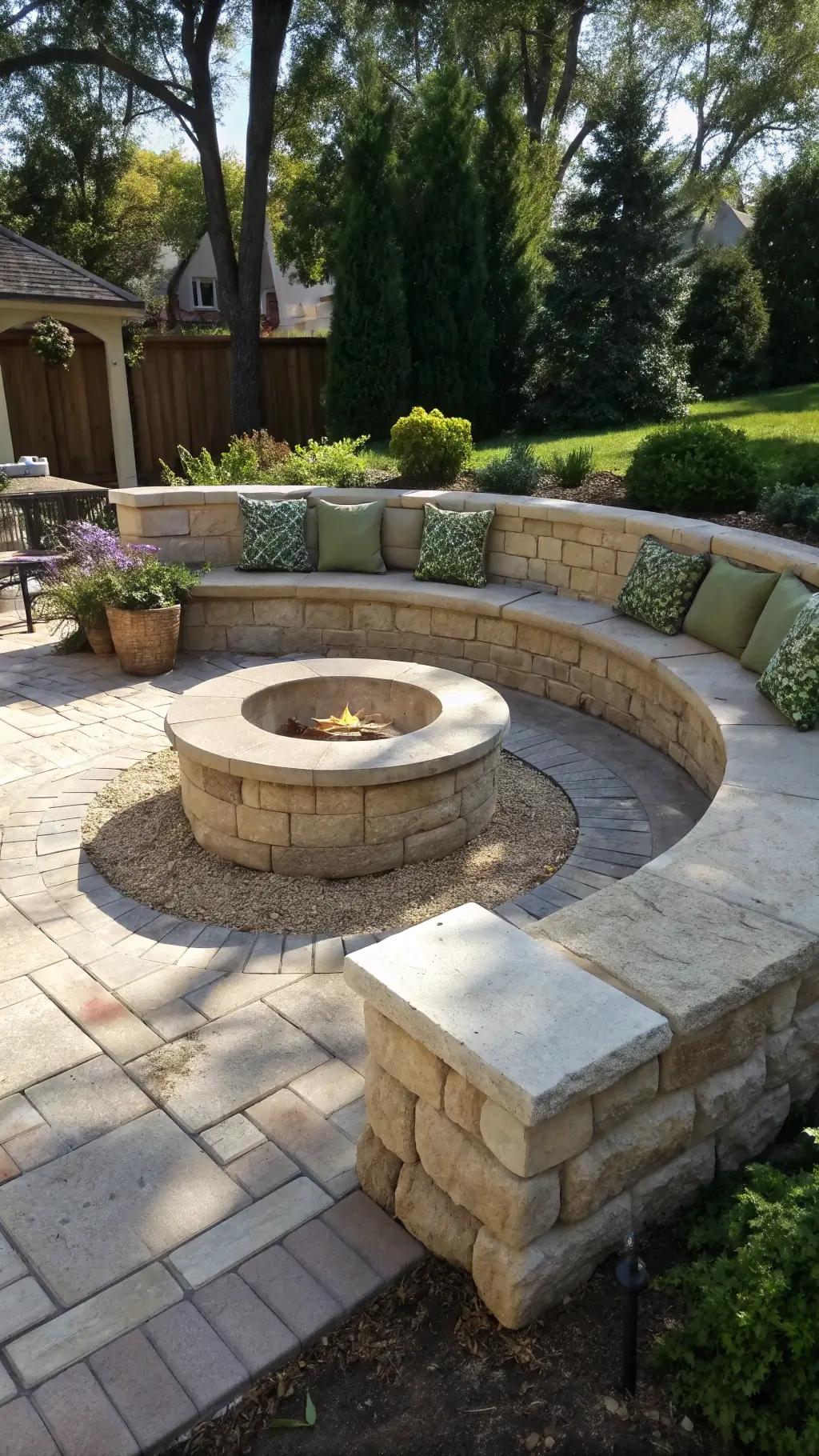 Wide shot of circular limestone fire pit area with curved seating, central fire bowl, overhead sand tone sails, Mediterranean herbs in containers, and sage green bench cushions at midday.