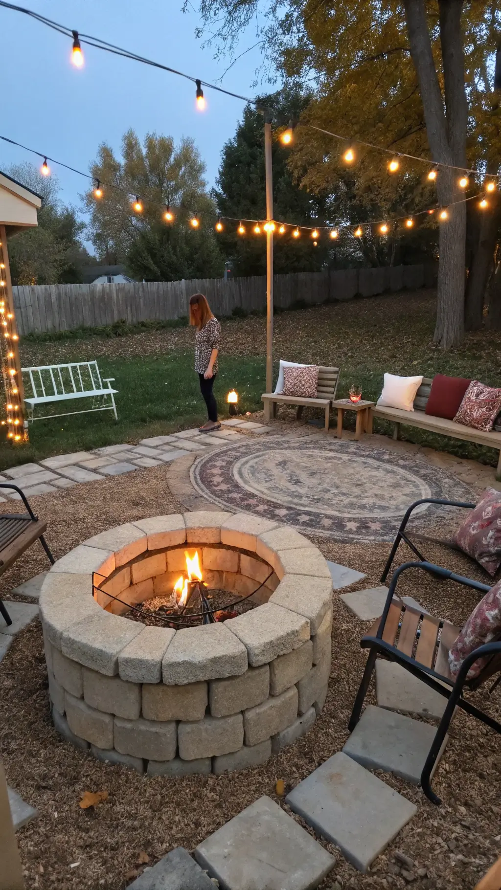 Bohemian styled outdoor space with DIY fire pit, vintage seating, solar string lights and autumn-hued decorations.
