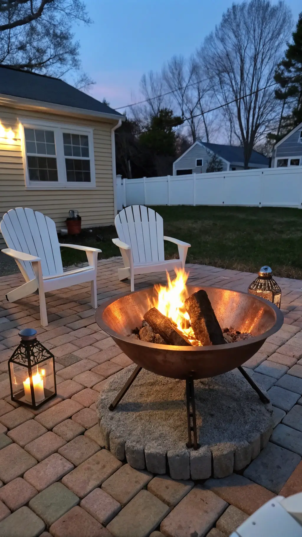 Portable fire pit with copper-finish steel bowl on a paver patio, encircled by white Adirondack chairs, lantern-laden side tables with s'mores supplies, accentuated by buffalo check throw blankets during twilight.