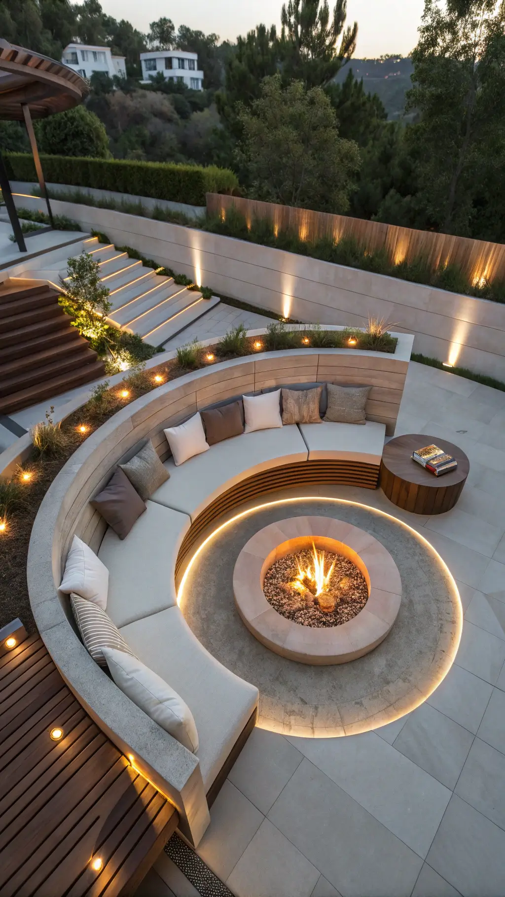 Overhead view of circular, luxury conversation pit with built-in velvet benches, central fire feature, ipe wood retaining walls and integrated LED lighting, accented with jewel-toned pillows