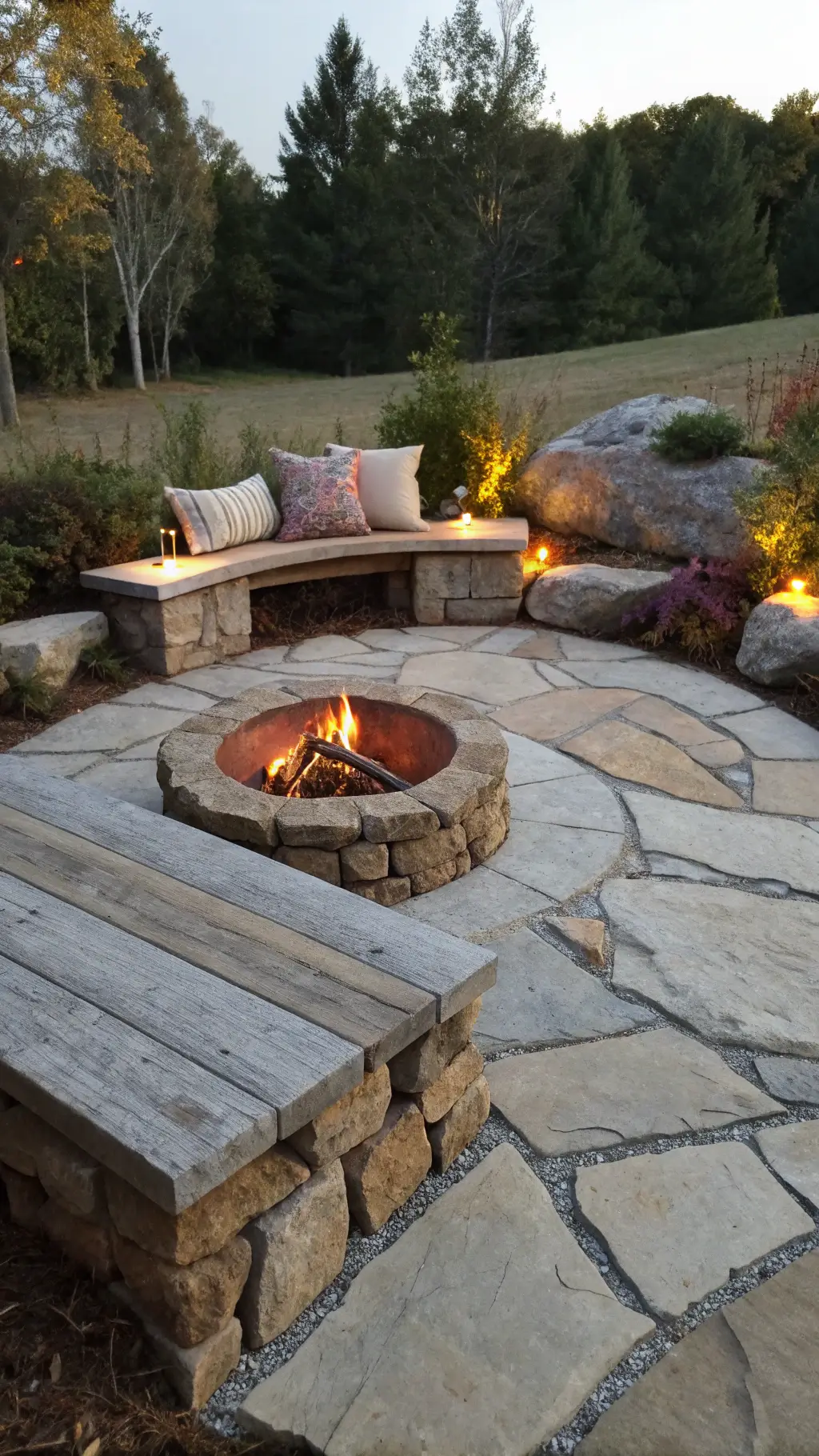 Rustic stone fire pit with heavy granite blocks and copper bowl insert on a flagstone patio, surrounded by raw edge wooden benches with iron bases, native plantings, and adorned with wool and leather pillows, all bathed in warm evening light.