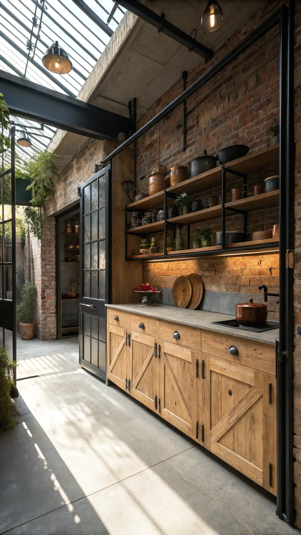 Rustic-industrial kitchen with hickory cabinets, concrete counters, exposed brick wall, track lighting, and styled with vintage elements and potted herbs.