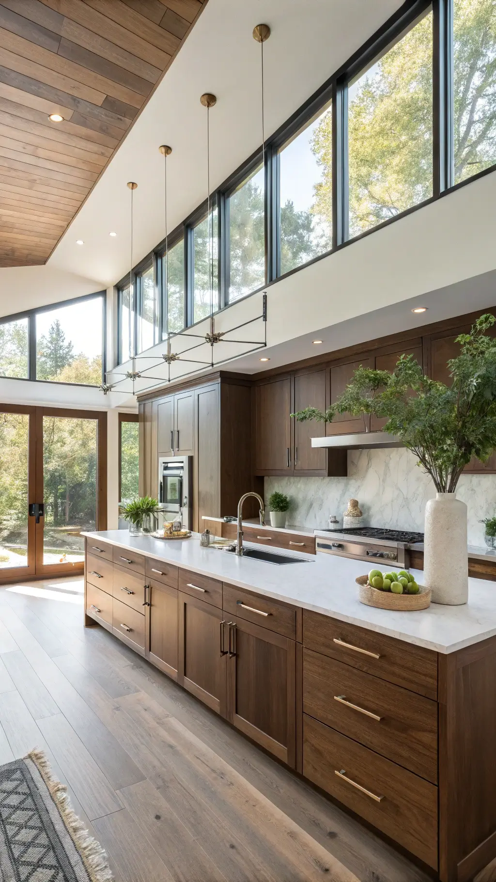 Contemporary 12x15ft kitchen with golden sunlight streaming through large windows, highlighting brown walnut cabinets with brass handles and a white quartz island, decorated with cream and sage ceramic vessels, fresh eucalyptus, and wooden cutting boards.