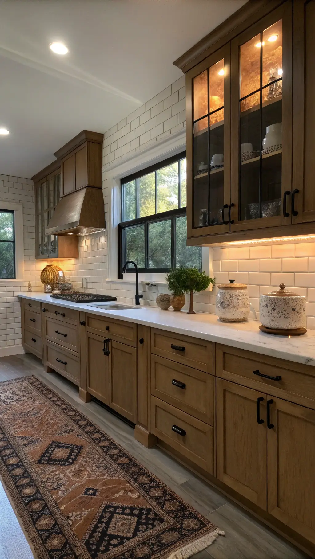 Transitional kitchen with honey-toned cabinets, marble countertops, and vintage Persian runner during magic hour with filtered light through roman shades.