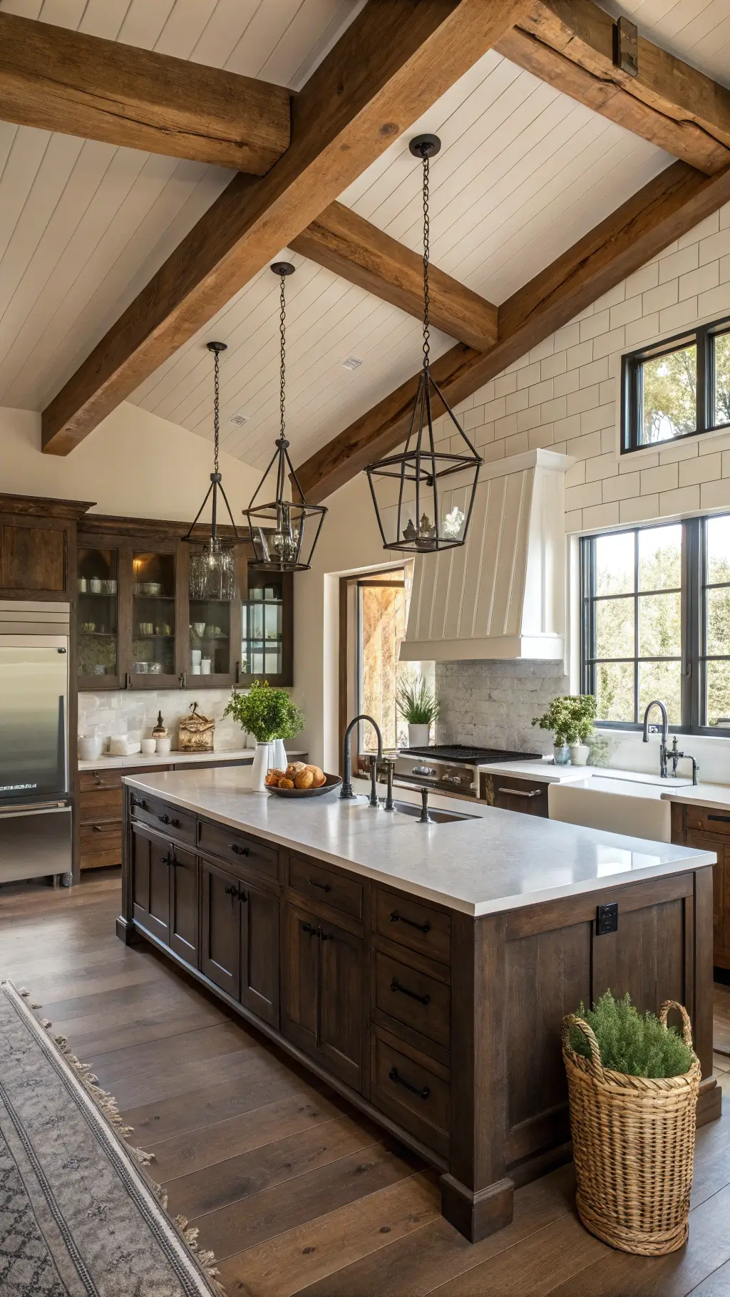 Modern farmhouse kitchen with espresso-stained oak cabinets, exposed wooden beams, white concrete island with industrial pendants, and shiplap accent wall, styled with vintage enamelware, potted herbs, and basket collection in late afternoon light