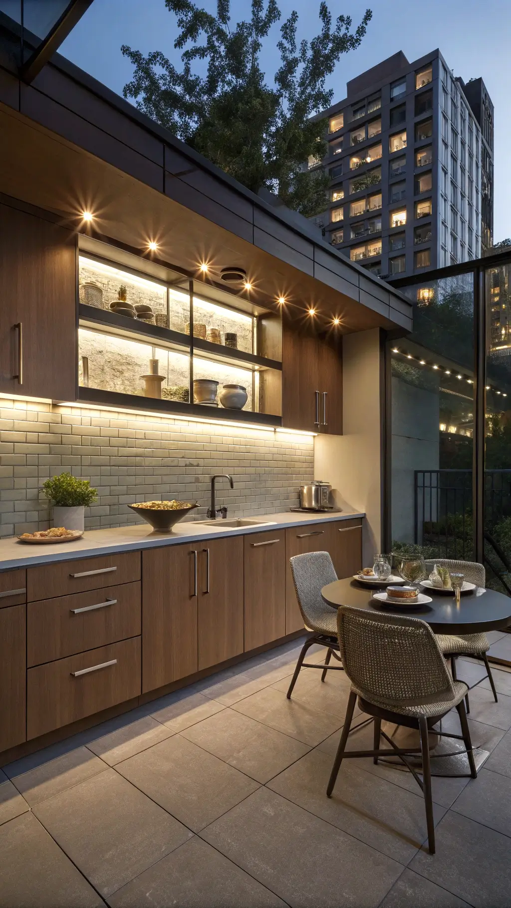 Compact urban kitchen at dusk with medium-brown cabinets, metallic tile backsplash, minimalist pottery on floating shelves, and a small bistro table with chairs in a metropolitan chic style.