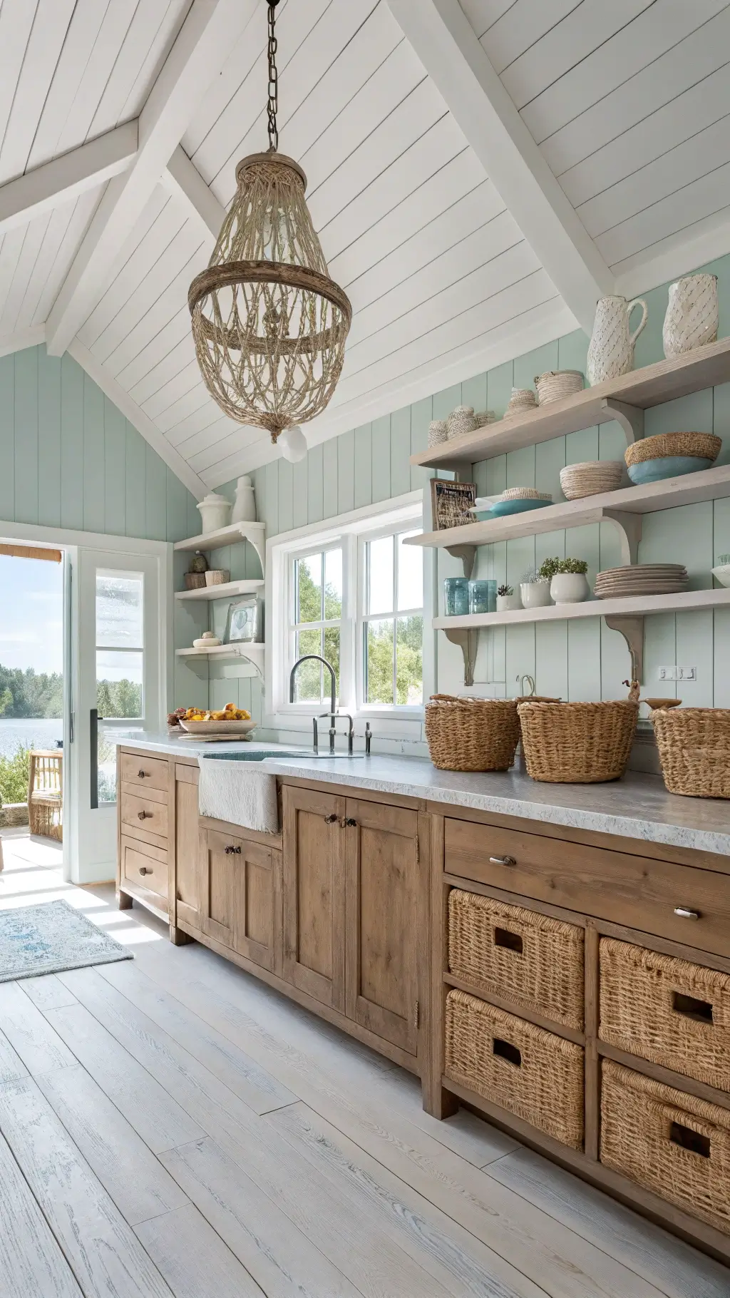 Coastal kitchen with weathered brown cabinets, white ceiling planks, pale blue walls, woven basket displays on open shelving, and a capiz shell chandelier casting light patterns in the room
