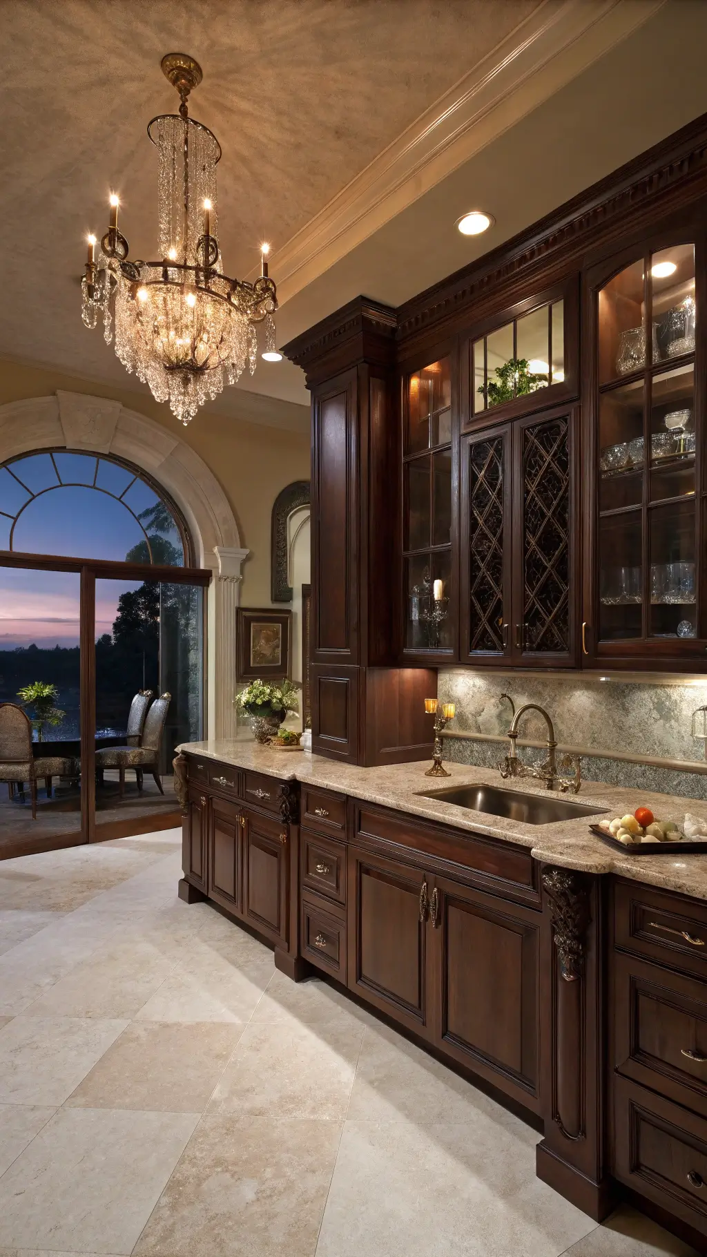 Luxurious traditional kitchen at twilight with chocolate brown cabinets, marble counters, crystal chandelier, silver tea service and antiques, captured from a diagonal corner