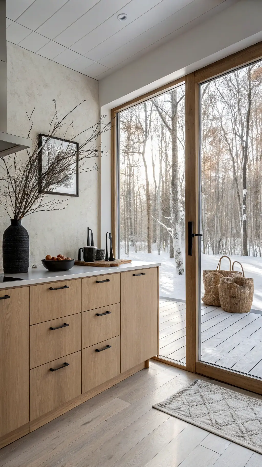Scandinavian-inspired kitchen with light brown cabinets, white oak flooring, and double-height windows revealing a snowy landscape, styled with black stoneware and linen textiles
