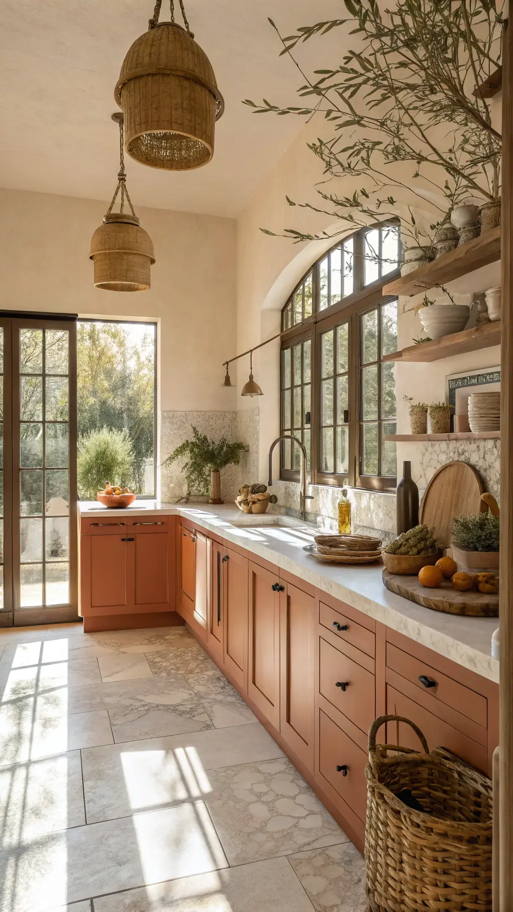 Sunlit Mediterranean-style kitchen with terracotta cabinets, Carrara marble countertops, brass pendant lights, and decor of olive branches and woven baskets, captured at a warm and inviting 70mm focal length.