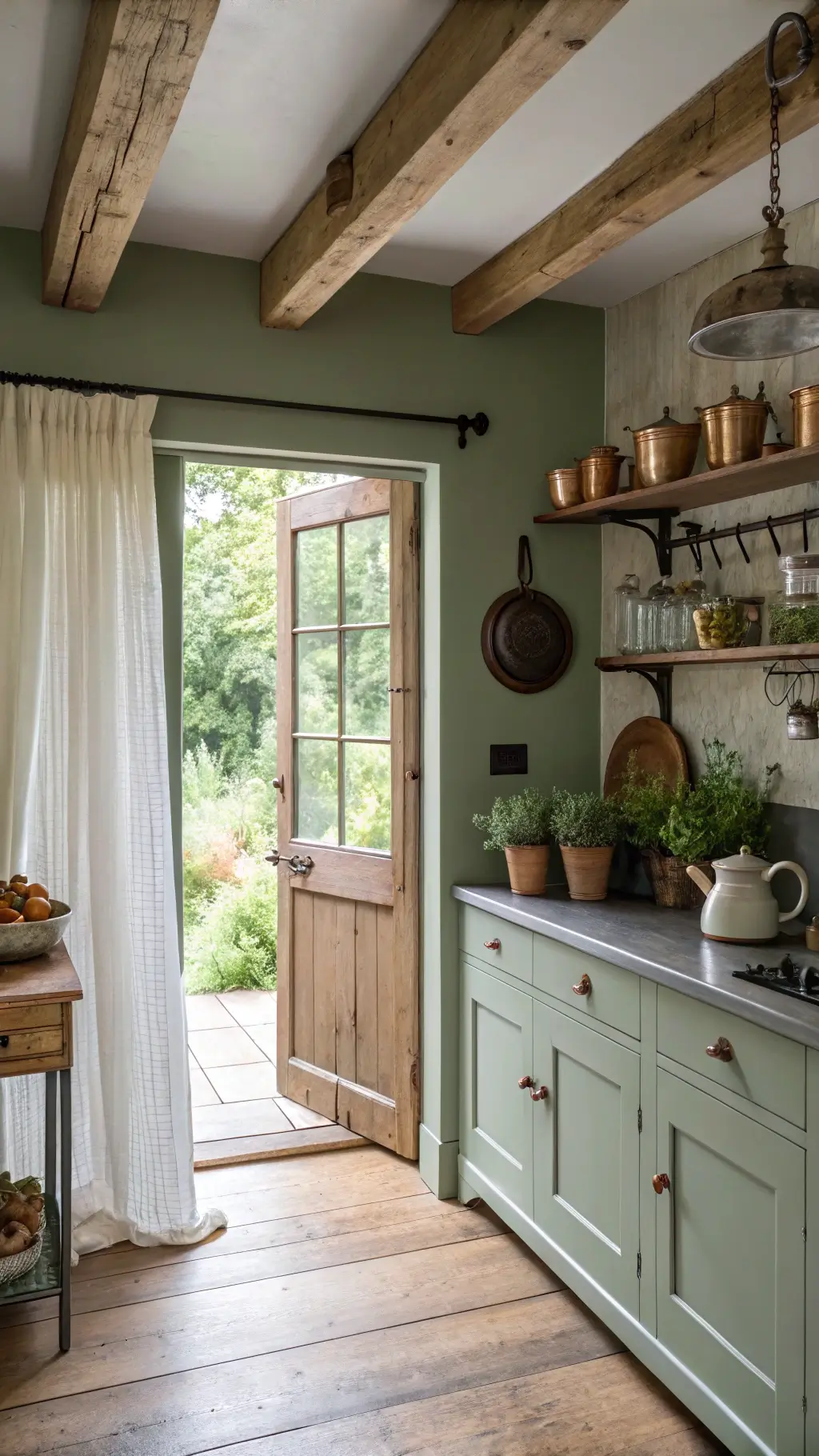 Country farmhouse kitchen with pewter green accent wall, wooden beams, open shelving with pottery, hanging copper pots, cream cabinets, and reclaimed pine flooring, with morning light filtering through sheer curtains and an open dutch door revealing a garden view.
