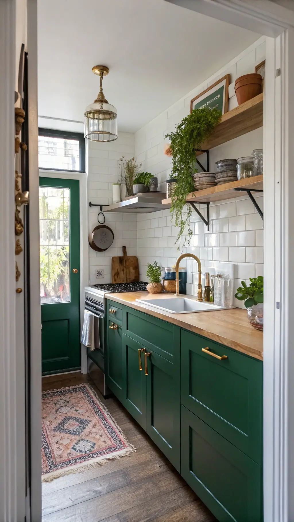 Compact urban kitchen featuring emerald green lower cabinets, floating white uppers, butcher block counters, mixed metal fixtures, styled with hanging plants, cookbooks, and artisanal pottery, brightly lit with natural and task lighting.