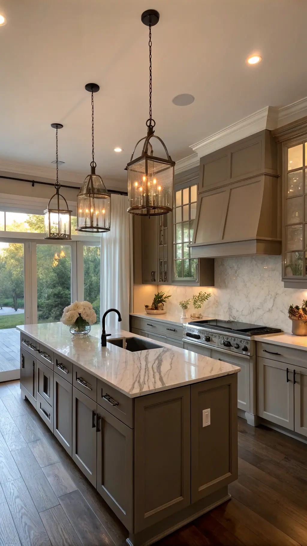 Transitional kitchen with taupe cabinets, Carrara marble countertops, vintage glass pendants, with reflected sunset on stainless appliances and decorated with hydrangeas and copper cookware