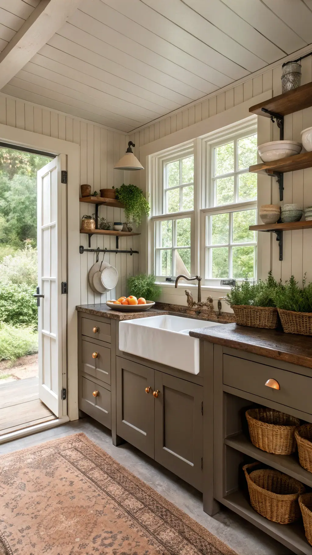 Farmhouse-style kitchen with taupe cabinets, butcher block counters, open shelving with ironstone, mullioned windows with natural light pouring in, an open dutch door with garden view, vintage runner, with styling of fresh herbs, baskets, and copper moulds.
