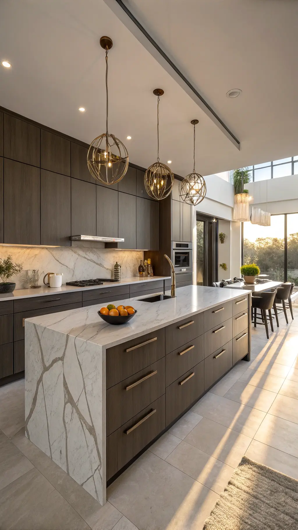Open-concept kitchen with dark taupe cabinets, white quartzite island, brushed nickel lighting, and cognac leather bar stools in golden hour light