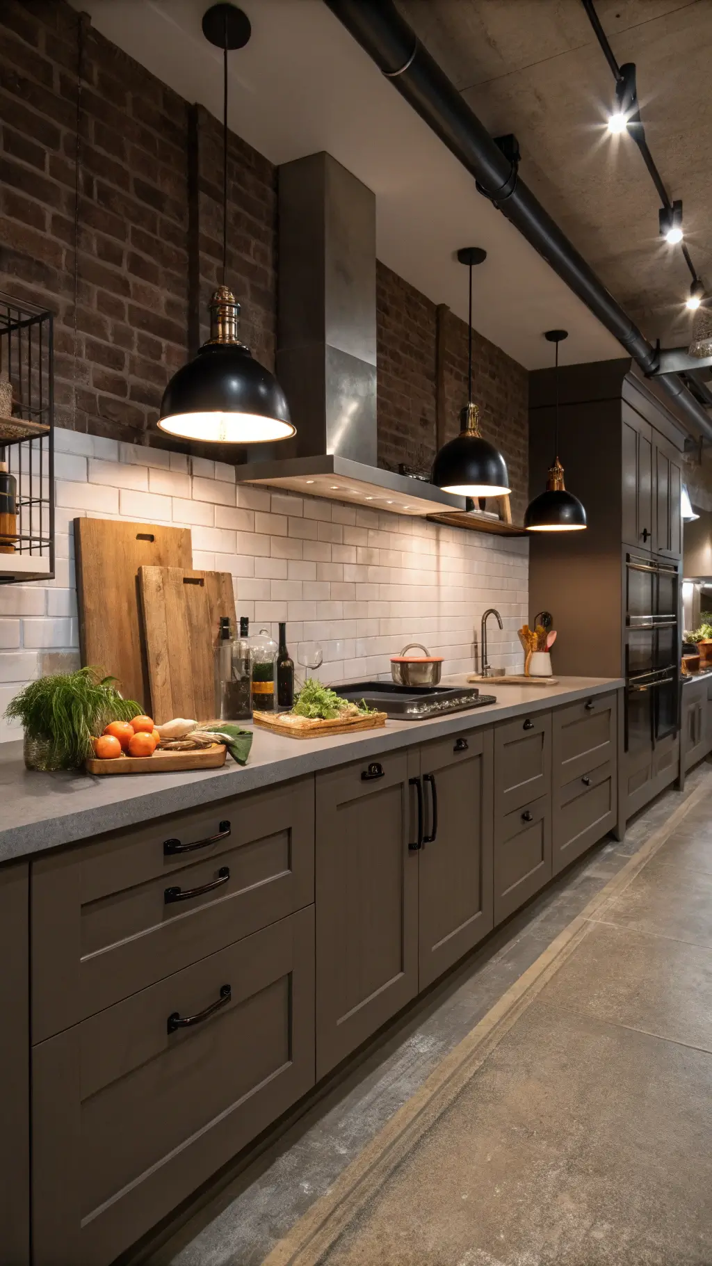 Professional-style kitchen with dark taupe cabinets, polished concrete countertops, industrial steel handles and stainless steel appliances in a moody evening lighting