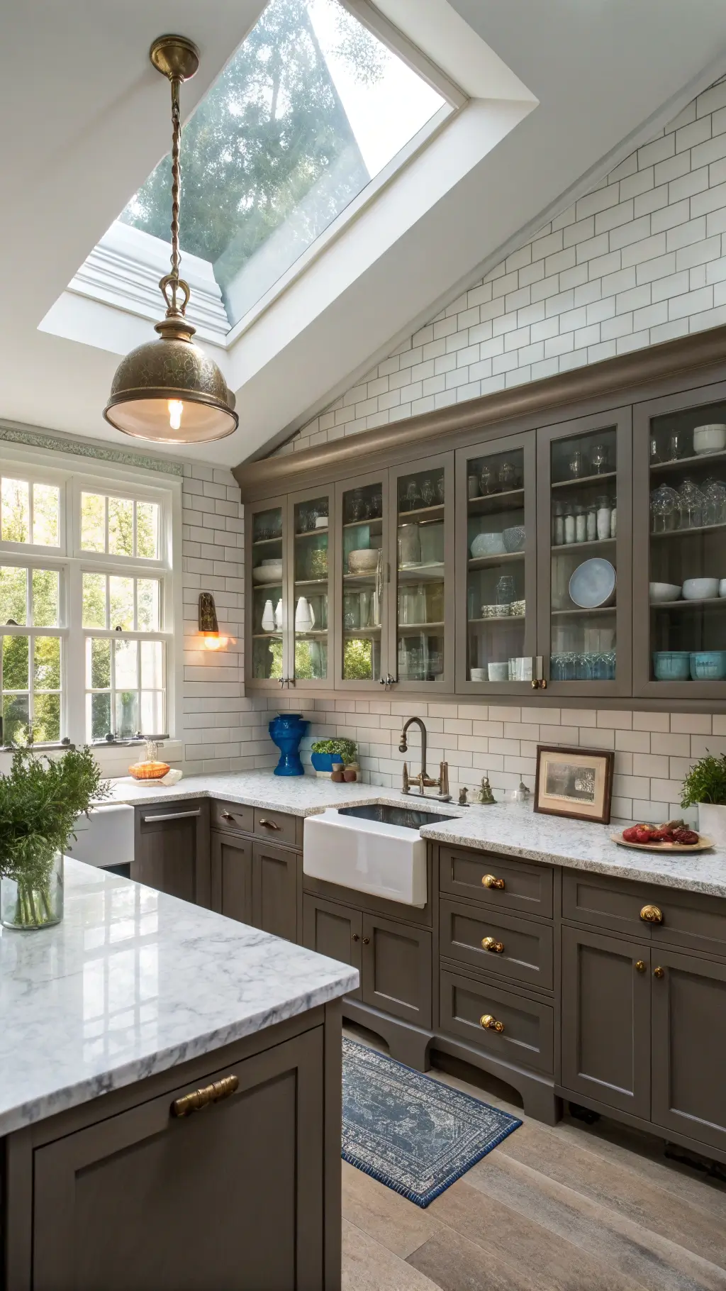 Bright midday kitchen with skylights, dark taupe cabinets, soapstone countertops, white subway tile backsplash, aged brass pendant lights, styled with blue and white vases, potted herbs, and cookbooks.
