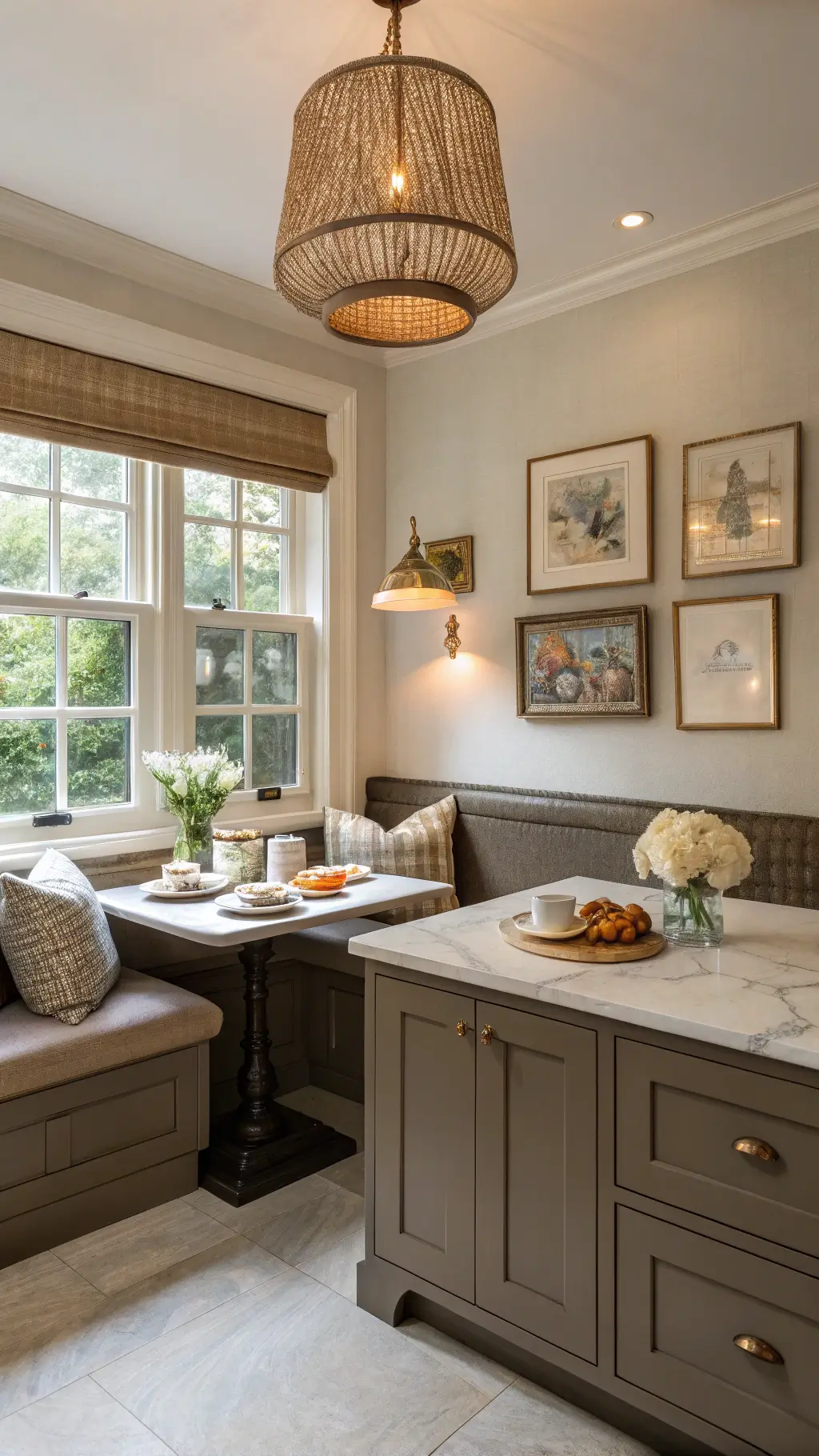 Cozy breakfast nook in a 14x16ft kitchen at dawn with dark taupe cabinets, built-in banquette, honed marble countertops, woven pendant light, brass sconces, and styled with linen cushions, ceramic coffee service, fresh croissants, vintage art prints and open shelving.