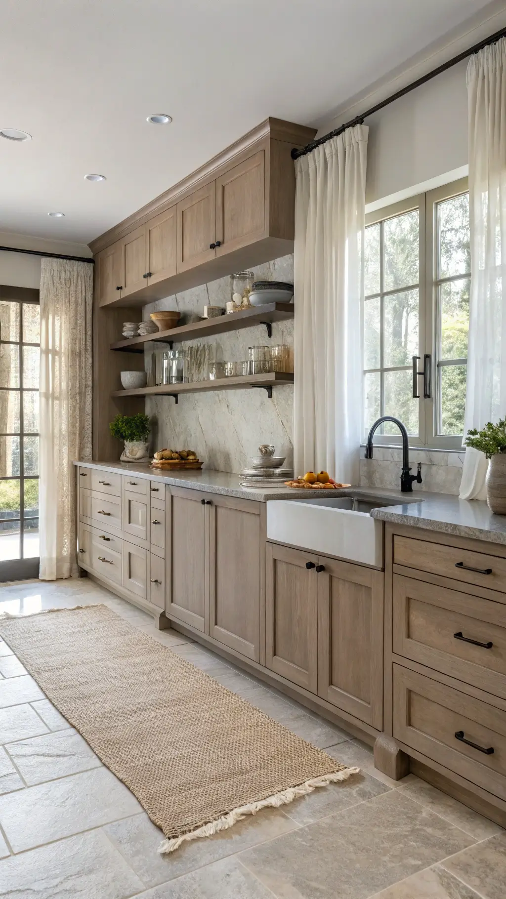 Sun-drenched kitchen with taupe cabinets, limestone floors, stained wood open shelving displaying ceramics, brushed nickel hardware, natural jute rug, and diffused light through sheer curtains, creating a serene and sophisticated ambience.