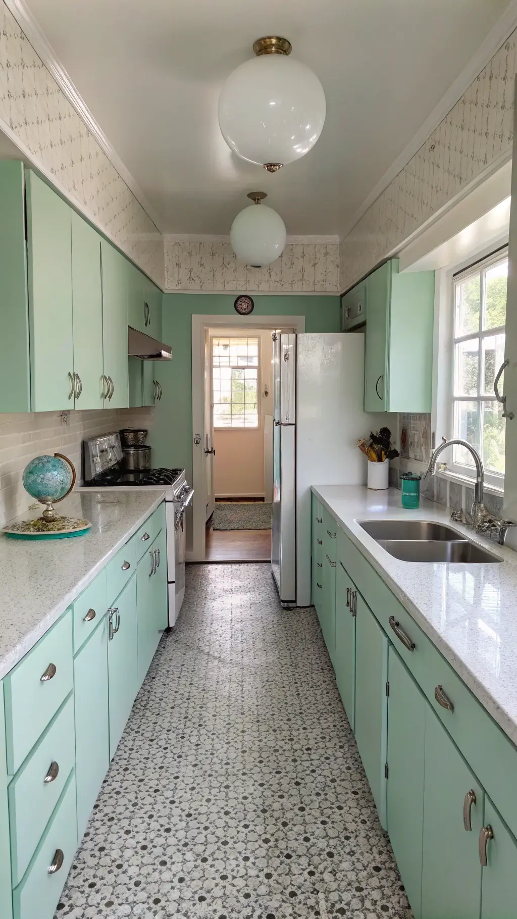 Retro-revival galley kitchen in diffused midday light with mint green cabinets, chrome appliances, white terrazzo countertops, and checkerboard floor tiles.