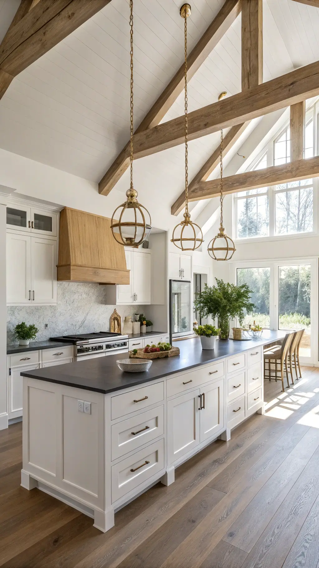 Sunlit open-concept kitchen with high ceilings, white oak cabinets, black granite countertops, oversized brass pendants above 8ft island, styled with white ceramics, wooden cutting boards, and a potted fiddle leaf fig plant, captured from an elevated angle to emphasize the room's spatial flow.