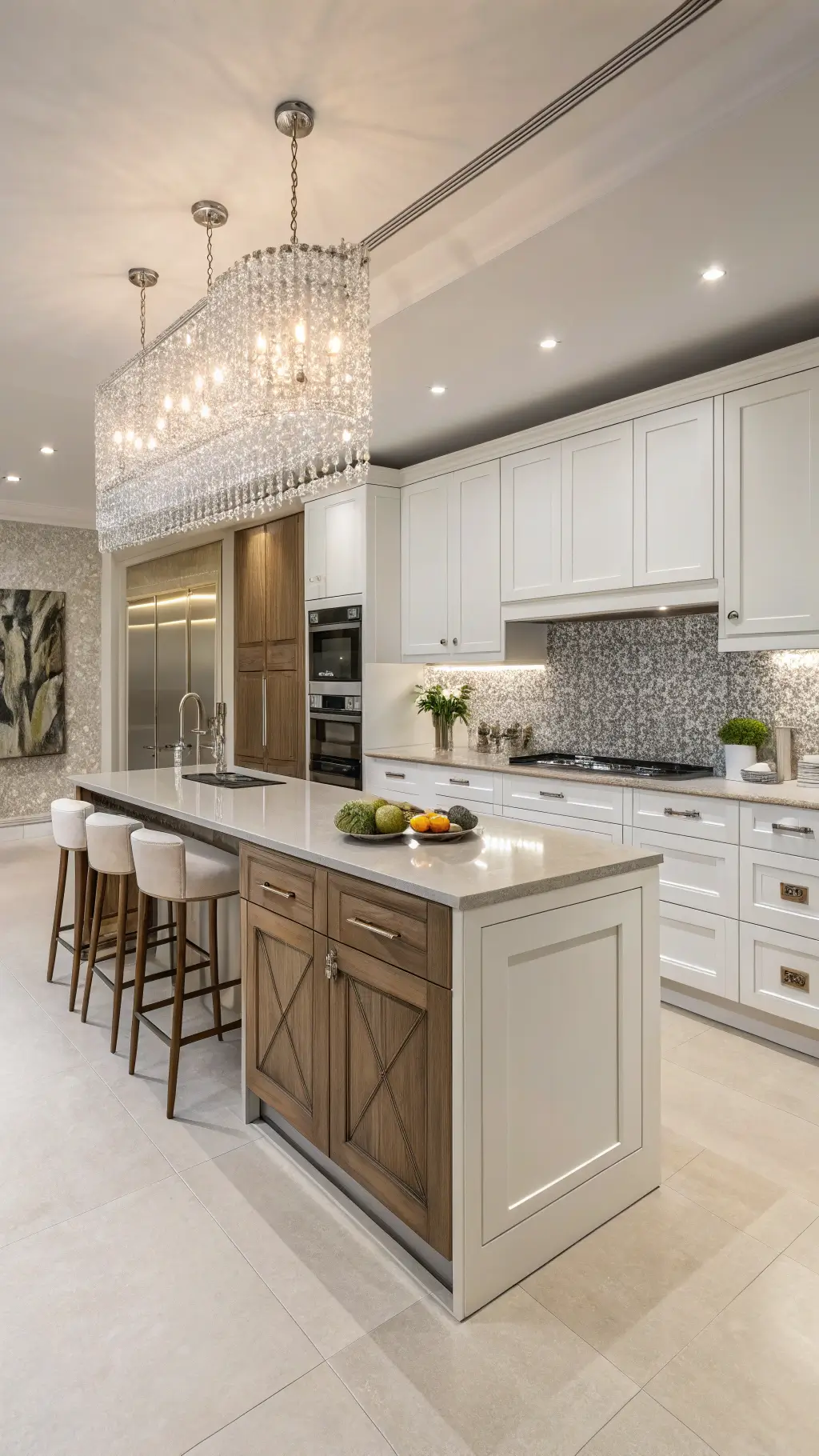 Luxurious contemporary kitchen with floor-to-ceiling white cabinets, central bleached oak island, metallic mosaic backsplash and crystal chandelier, decorated with orchids, art glass, and chrome accents.