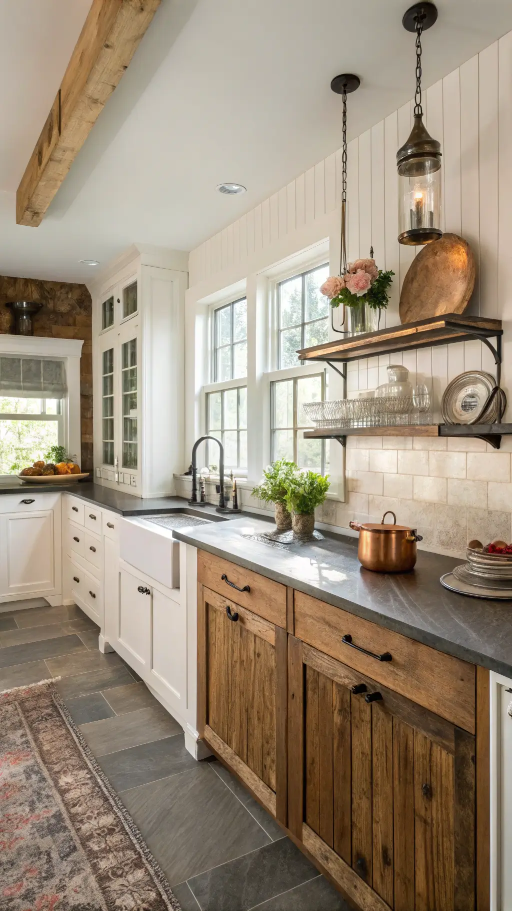 Cottage style 11x13ft kitchen featuring white upper cabinets, rustic reclaimed wood base cabinets, soapstone countertops, open shelving with vintage ironstone collection, and copper pot rack with a warm glow from the windows, styled with fresh flowers and antique cutting boards.