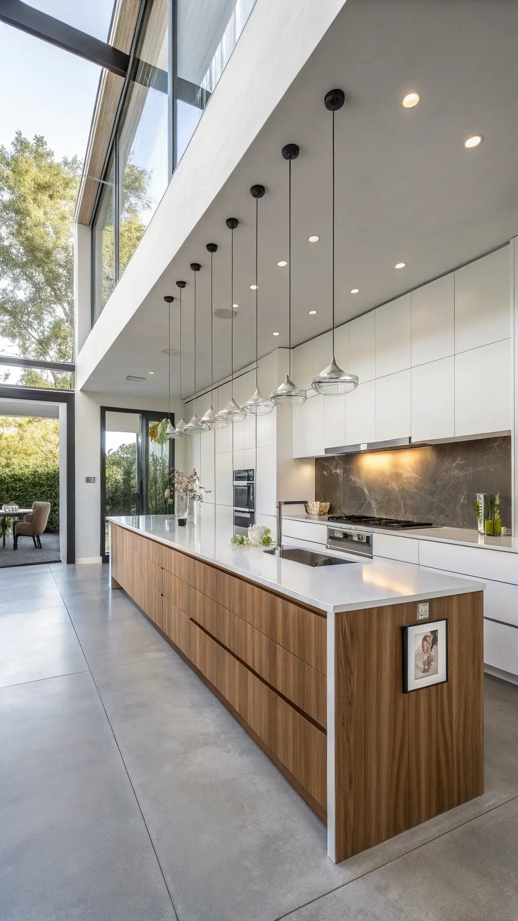 Modern minimalist kitchen with white lacquer upper cabinets, vertical grain teak lower cabinets, concrete countertops, glass backsplash, linear pendant lights, professional stainless steel appliances, and an oversized art piece.