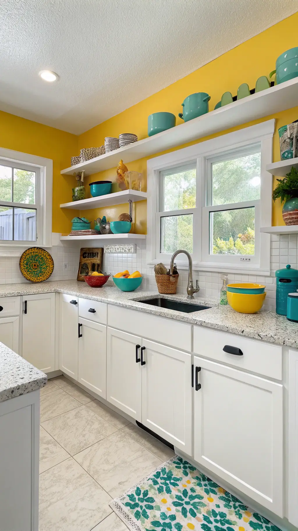 Bright 16x14ft kitchen with white cabinets, sunflower yellow accent wall, turquoise floating shelves displaying colorful cookware, black-framed windows with white mullions, and terrazzo countertops, captured in even noon lighting.