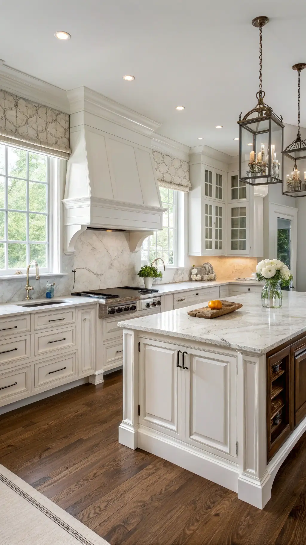 Classic luxury 12x14ft kitchen with white cabinets, marble countertops, oak island, polished nickel fixtures, silver tea service, topiaries, and diffused natural light through plantation shutters.