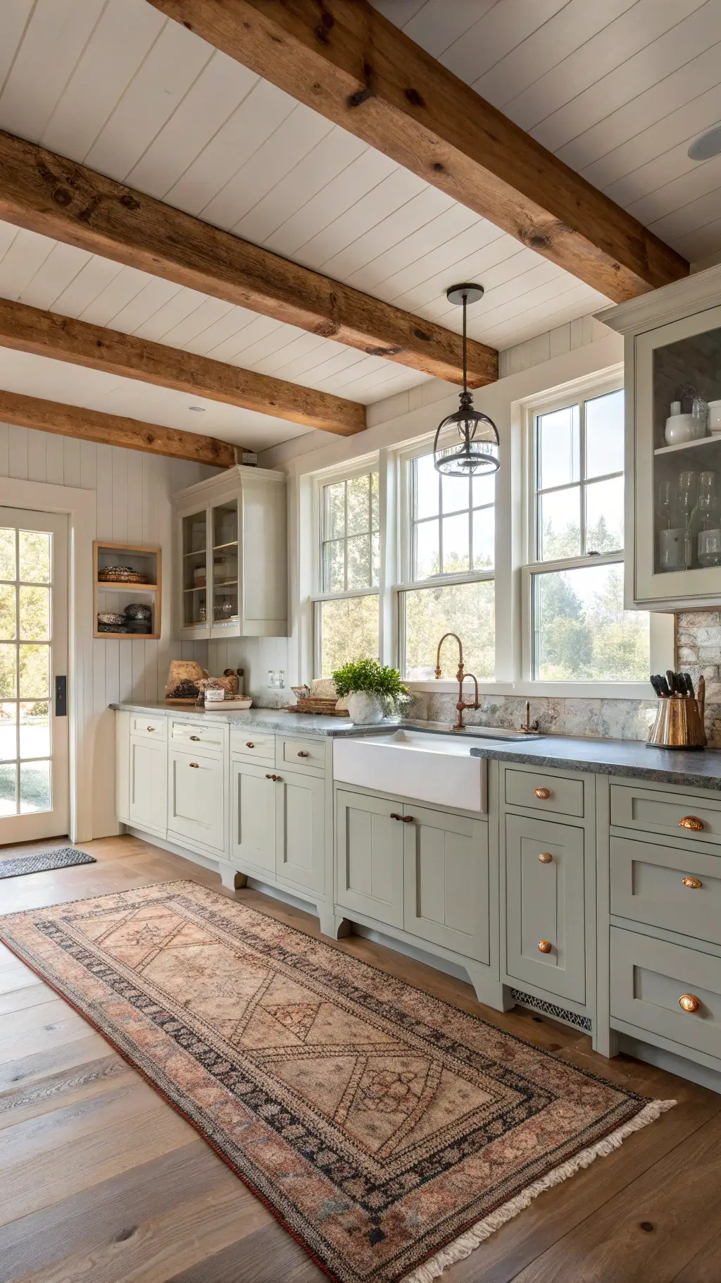 Warm and inviting 14x16ft farmhouse kitchen with Coastal Path AF-380 cabinets, raw wood ceiling beams, soapstone counters, copper fixtures, and vintage rug, bathed in morning light streaming through mullioned windows.