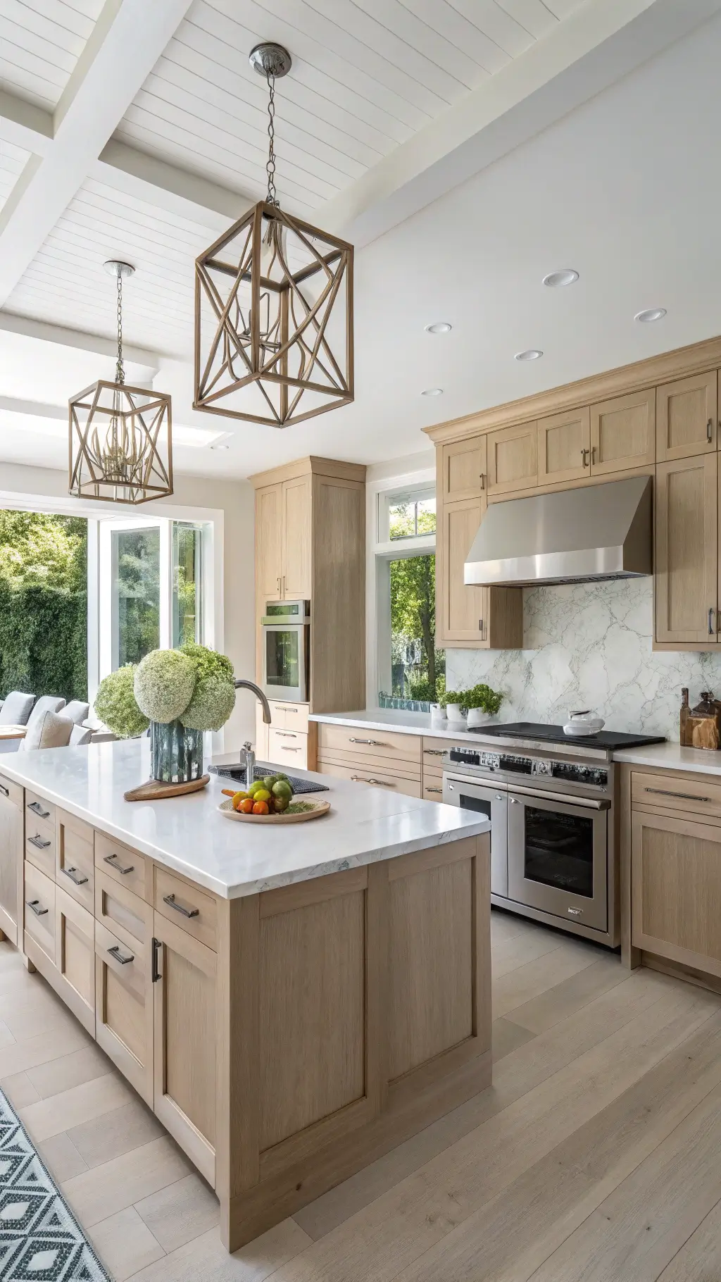 Bright, open-concept kitchen with Pale Oak cabinets, professional stainless appliances, Calacatta marble countertops, contemporary nickel hardware, styled with white and green botanical accents. Viewed from dining area showing flow and light grey wide-plank flooring.
