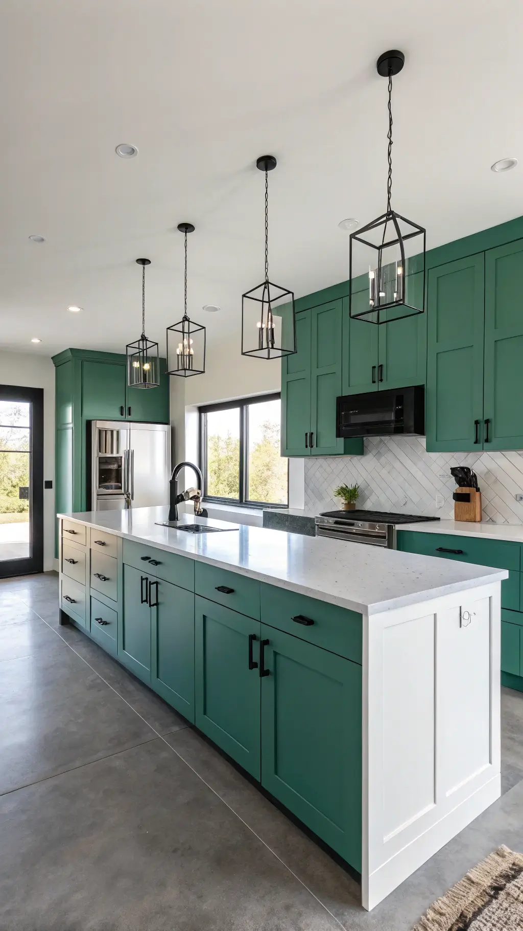 Bright and contemporary 15x17ft kitchen at midday with Newburg Green HC-158 cabinets against concrete floors, minimalist black hardware, a white waterfall quartz island, and geometric pendant lights.