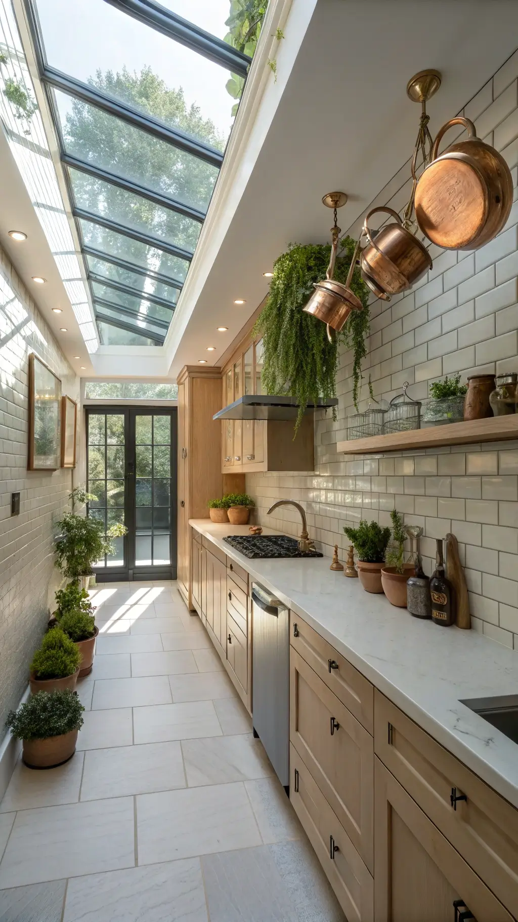 Intimate 8x12 feet galley kitchen with afternoon sun casting dramatic shadows through the skylight, showcasing light maple cabinets with glass panels, white subway tile backsplash, hanging copper pots, potted herbs, and a blend of ambient and task lighting.