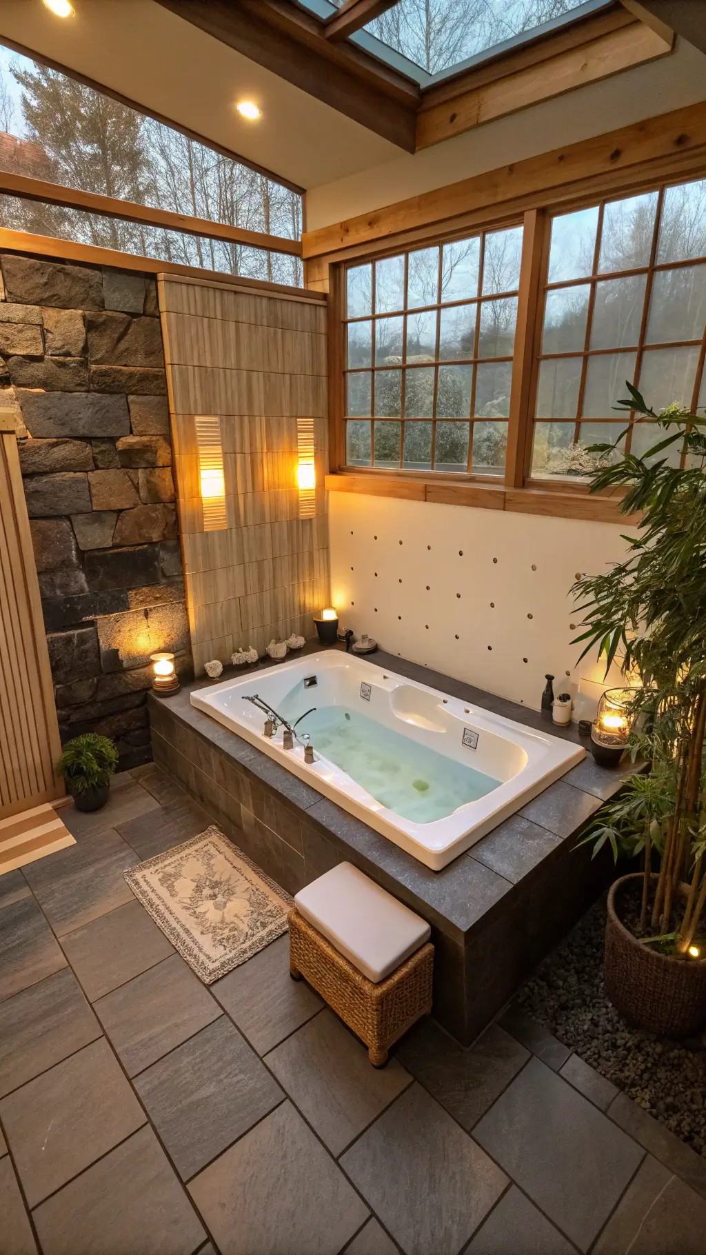 Luxury spa-style master bathroom with Japanese soaking tub, steam shower, heated stone bench, bamboo privacy screen, meditation corner with speakers, and Himalayan salt wall feature, captured in dawn lighting from a high-angle shot.