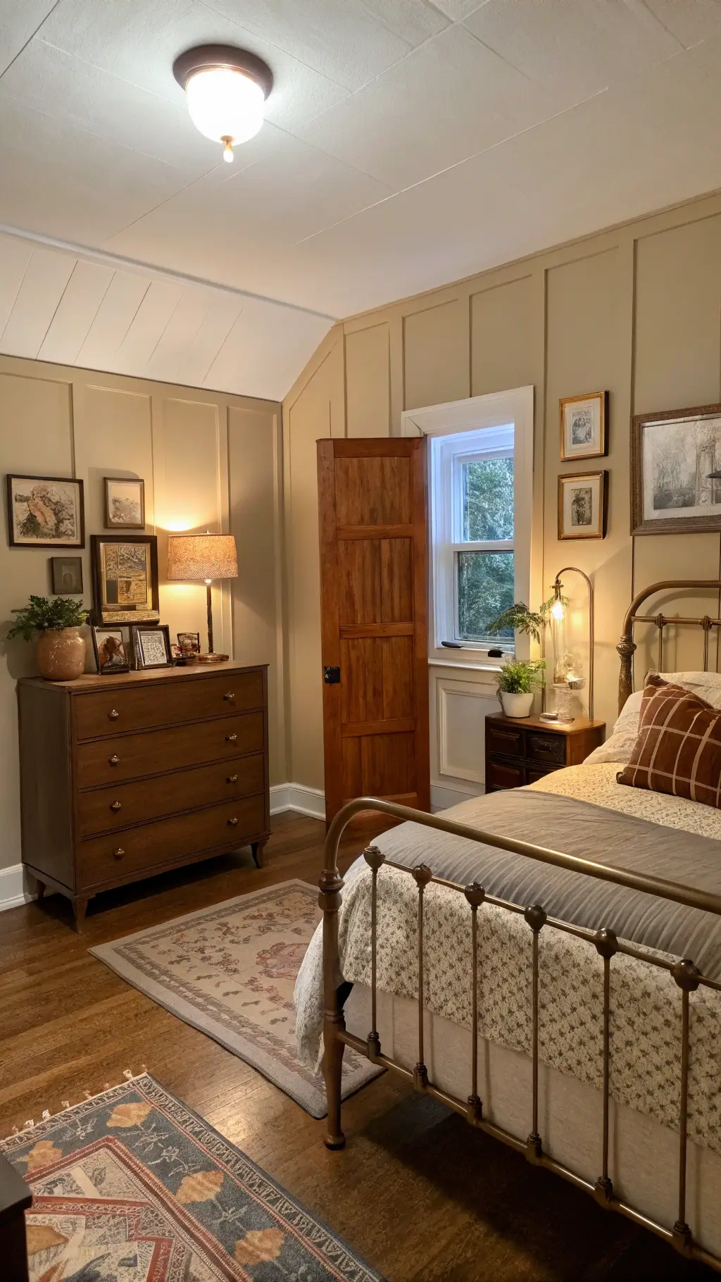 Rustic 10x12ft bedroom at twilight filled with a mix of vintage art, modern ceramics, antique brass bed, mid-century modern dresser under ambient lighting, with focus on contrasting materials of aged wood, brass, and ceramics.