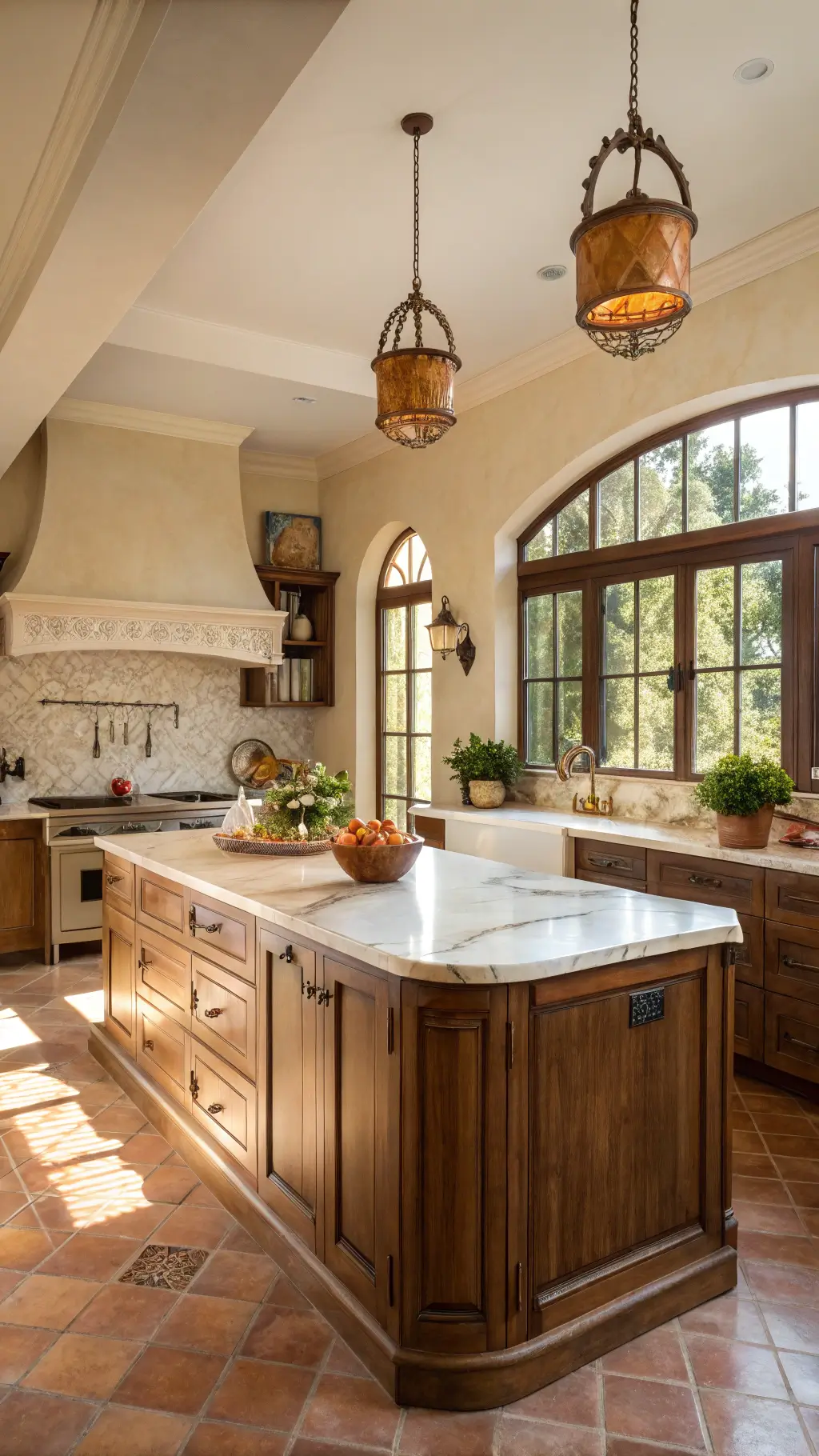 Sunlit kitchen with walnut cabinets, creamy marble island, brass lights, terracotta backsplash, and vintage copper cookware on display